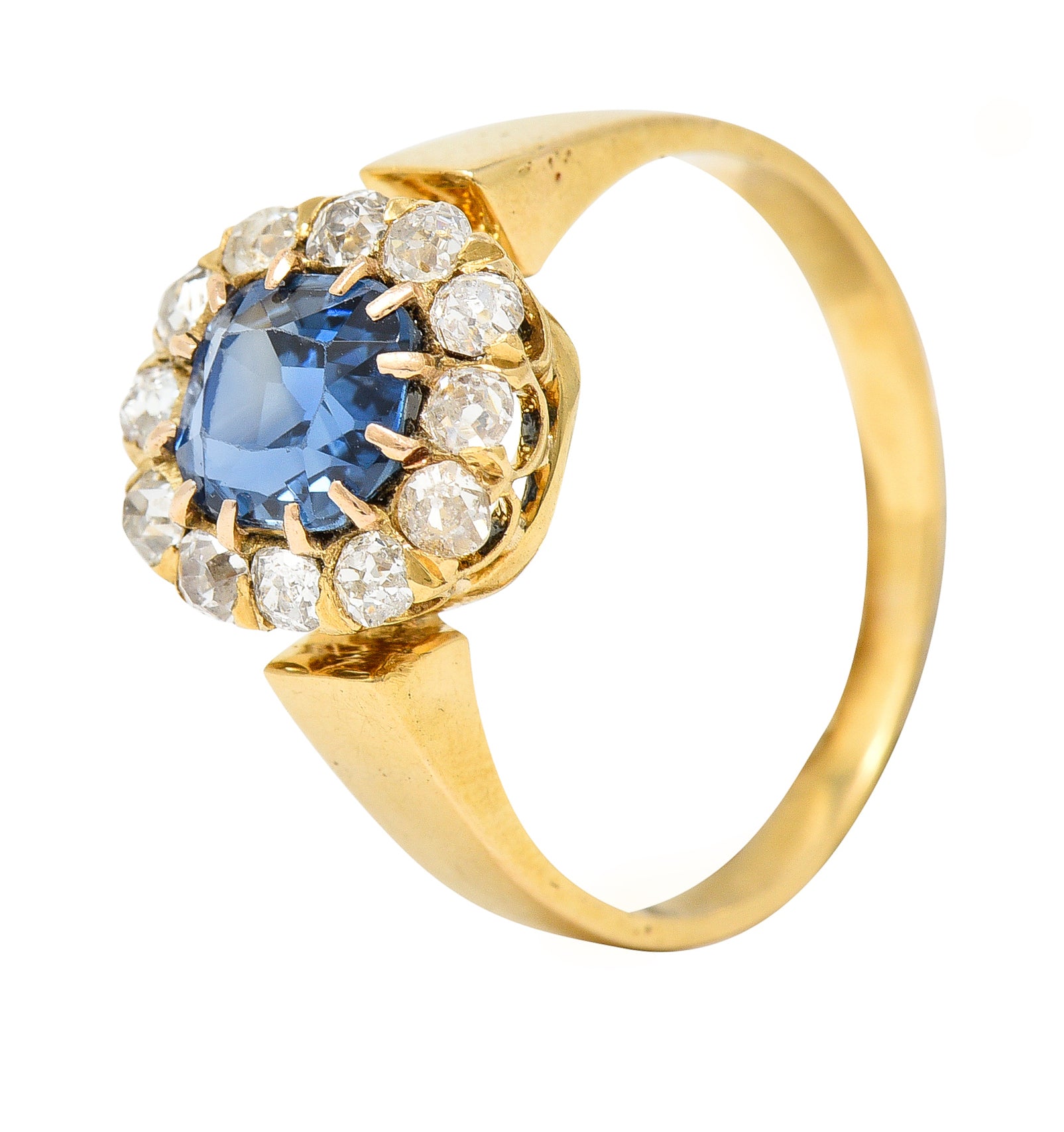 Victorian 1.80 CTW Cushion Cut No Heat Cambodian Sapphire Old Mine Cut Diamond 14 Karat Yellow Gold Antique Halo Ring GIA Wilson's Estate Jewelry