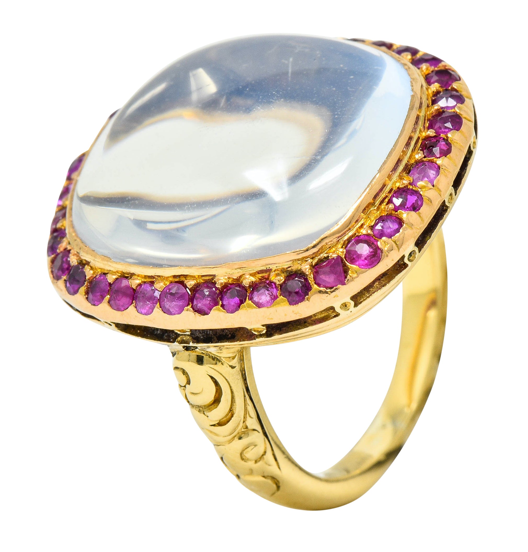 Victorian Moonstone Ruby 18 Karat Gold Cushion Cabochon Ring - Wilson's Estate Jewelry