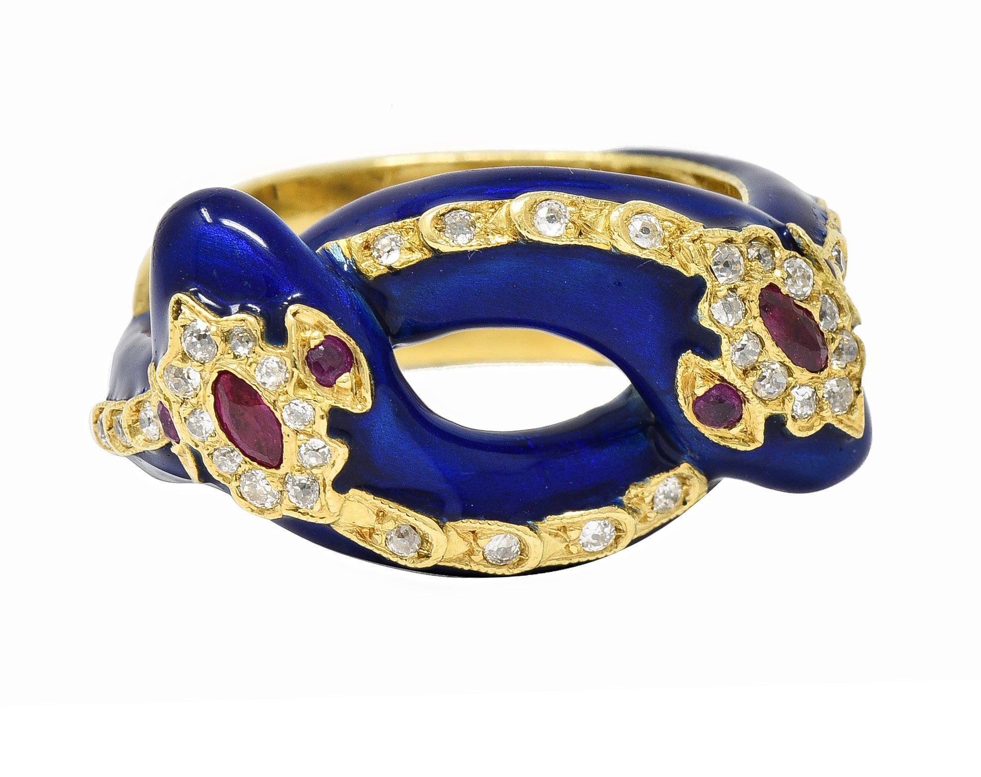 Victorian Ruby Diamond Blue Enamel 18 Karat Gold Antique Snake Antique Ring