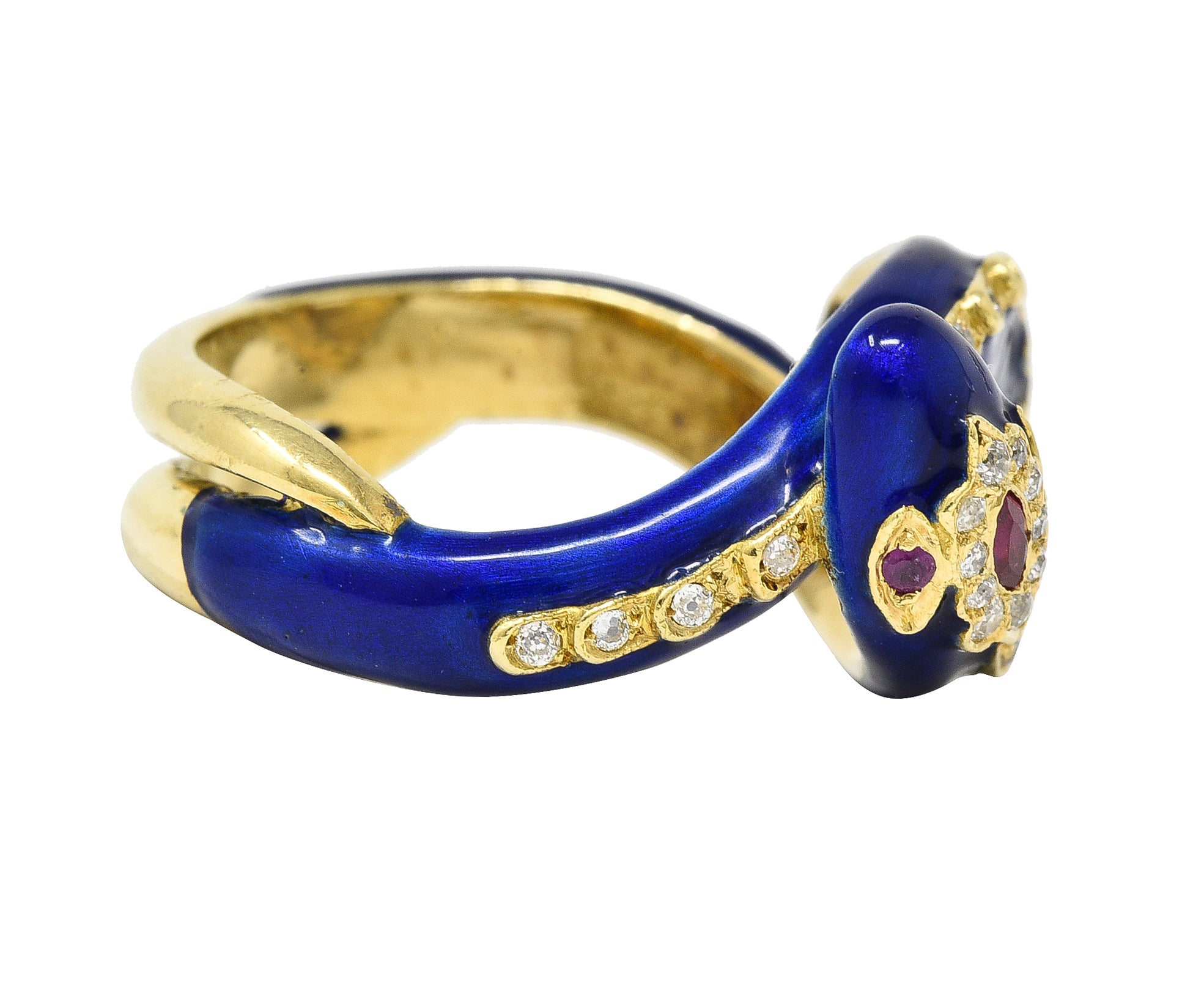 Victorian Ruby Diamond Blue Enamel 18 Karat Gold Antique Snake Antique Ring