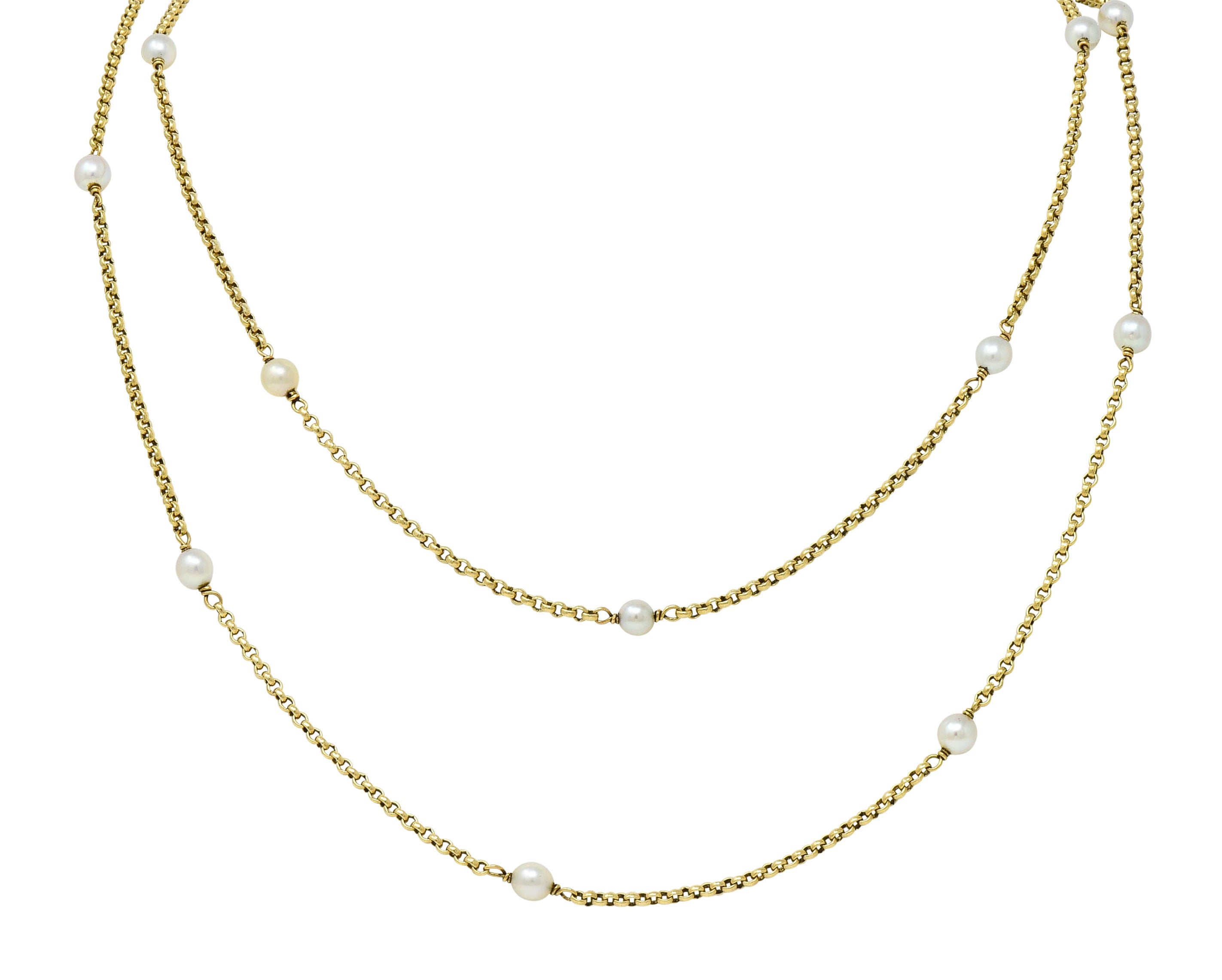 Victorian Pearl 14 Karat Gold 47 Inch Long Chain Station Necklace - Wilson's Estate Jewelry