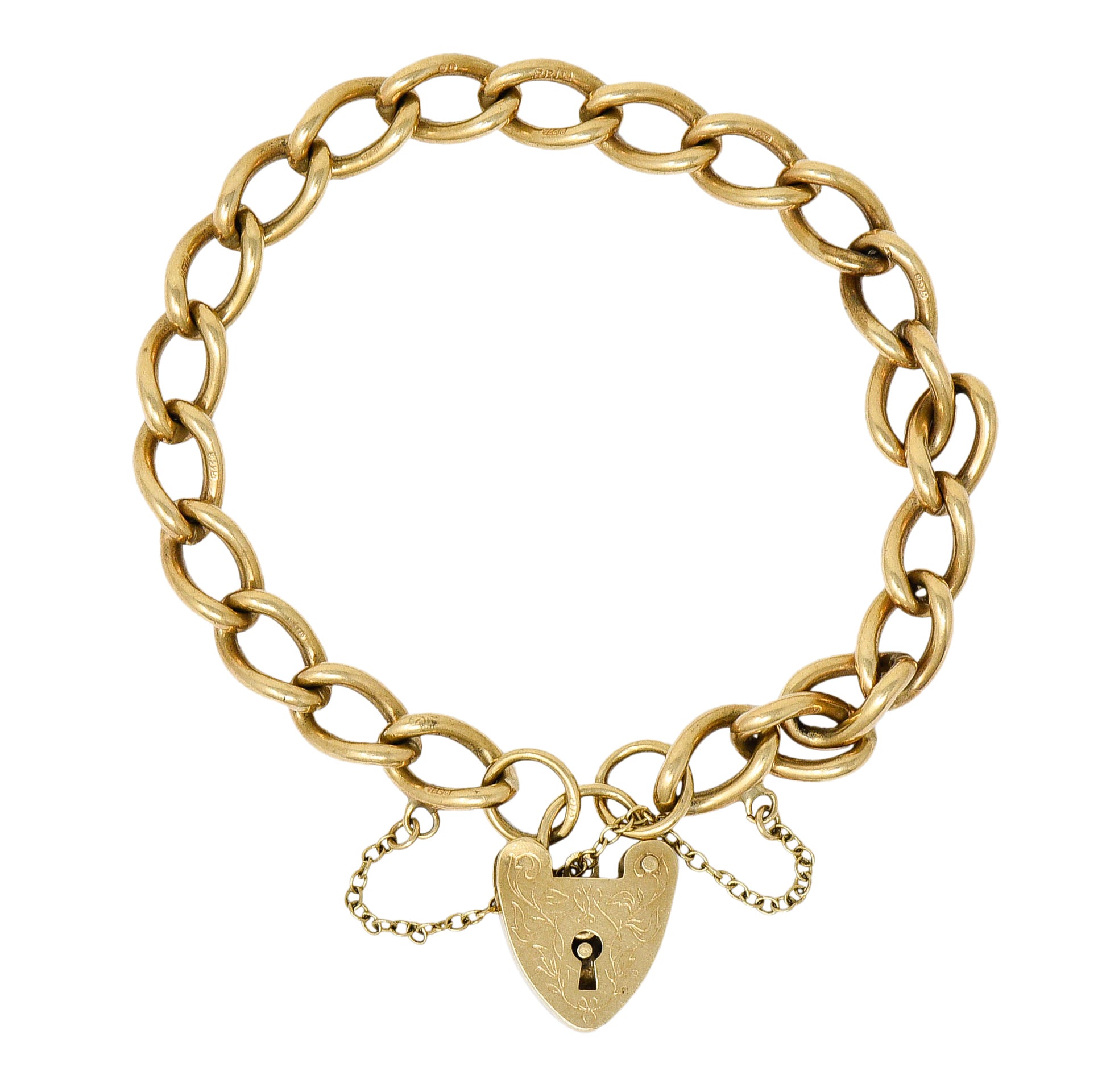 Antique 9 Karat Gold British Heart Padlock Charm Braceletbracelet - Wilson's Estate Jewelry