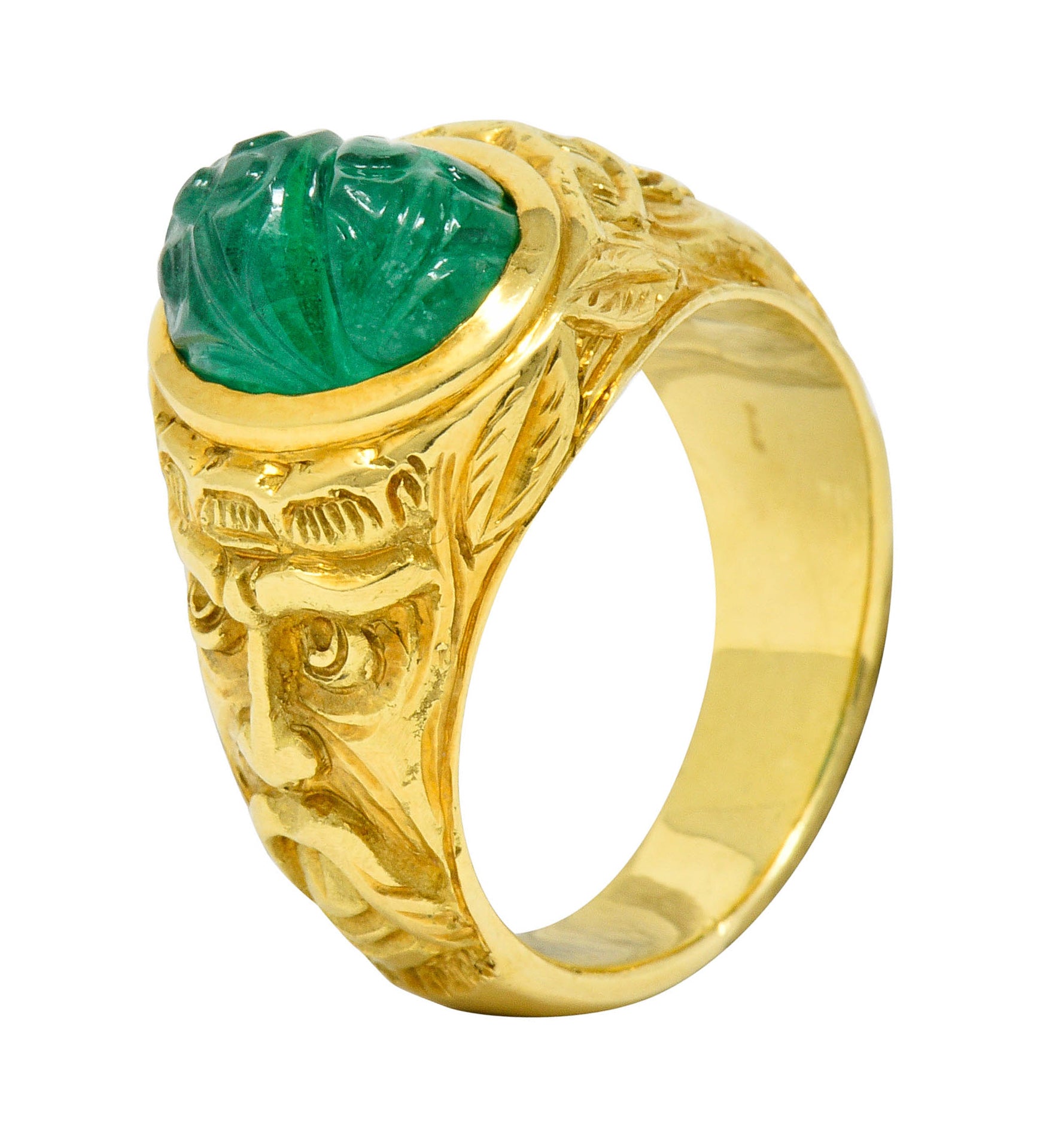 Vintage Carved Emerald 18 Karat Gold Green Man Men’s Unisex RingRing - Wilson's Estate Jewelry