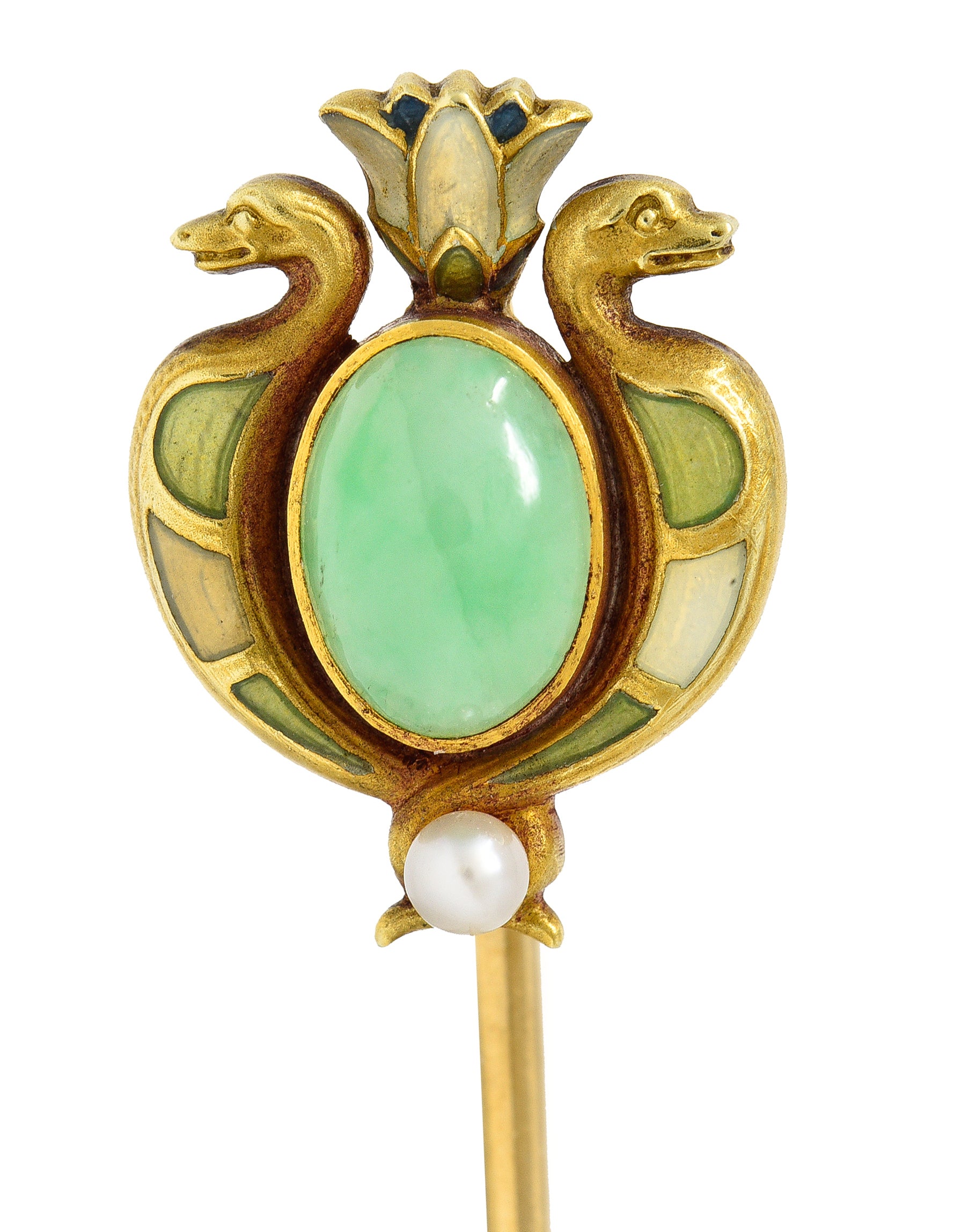 .11111 Whiteside & Blank Art Nouveau Jade Pearl Basse-Taille Enamel 14 Karat Yellow Gold Lotus Serpent Antique Stickpin Wilson's Estate Jewelry