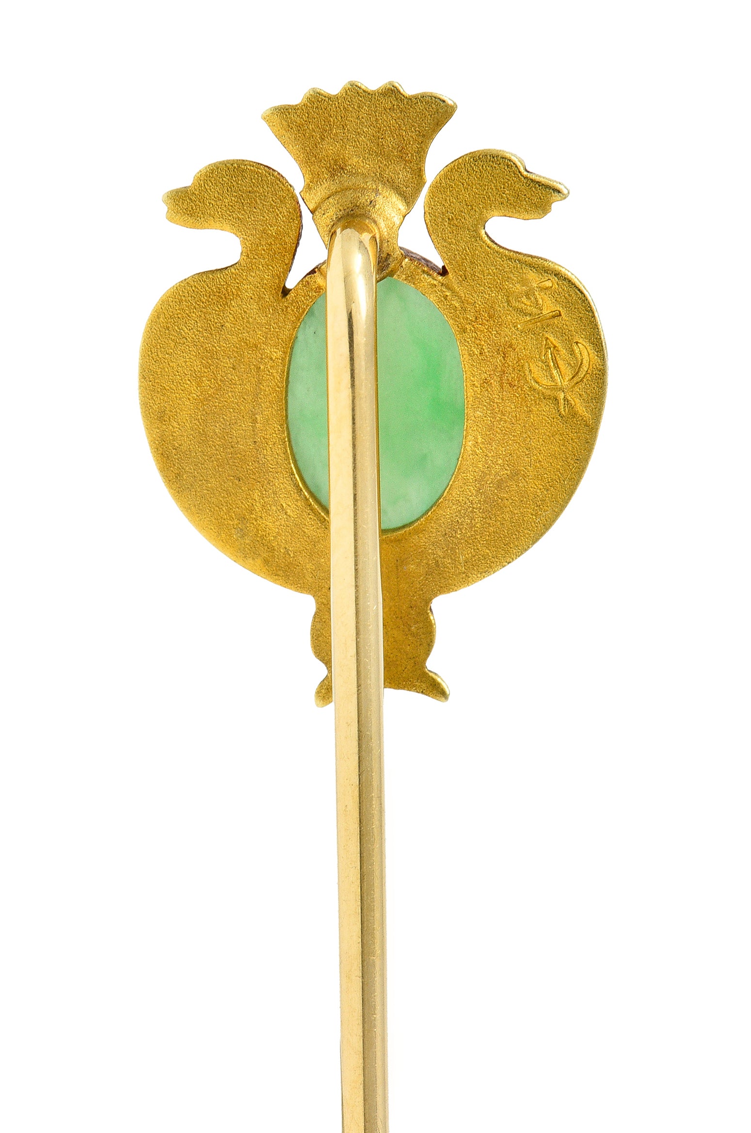 .11111 Whiteside & Blank Art Nouveau Jade Pearl Basse-Taille Enamel 14 Karat Yellow Gold Lotus Serpent Antique Stickpin Wilson's Estate Jewelry