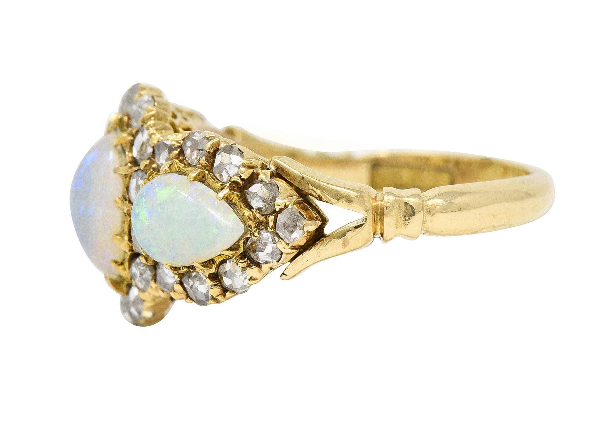 Victorian Opal Diamond 18 Karat Gold Three Stone Antique Halo Cluster Ring