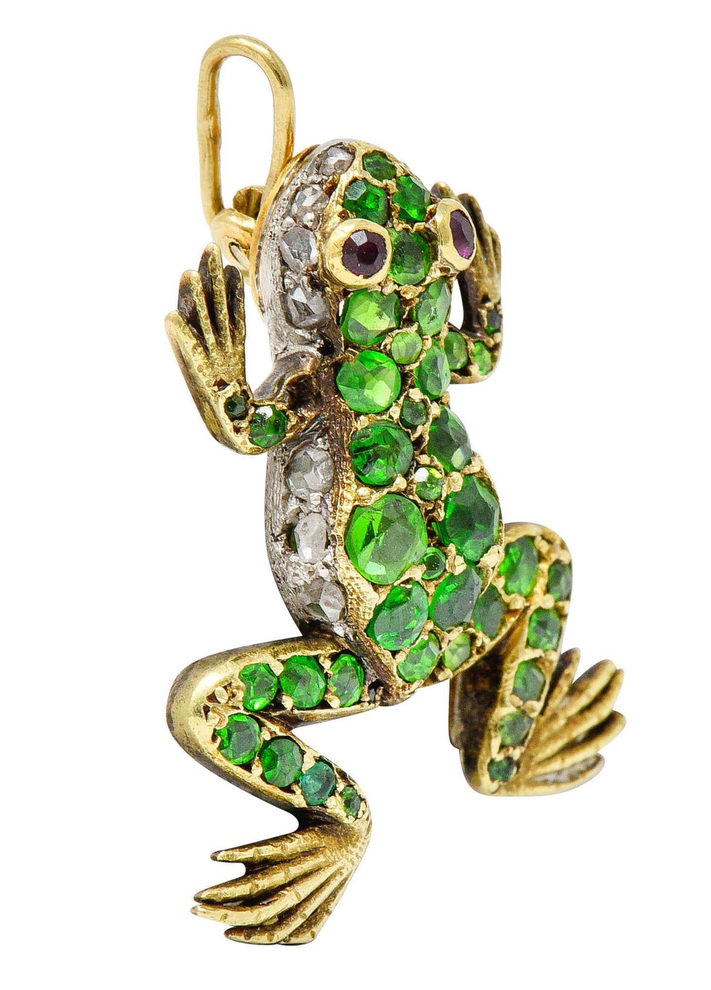 Edwardian Demantoid Garnet Diamond Platinum-Topped 18 Karat Gold Frog Charmcharm - Wilson's Estate Jewelry