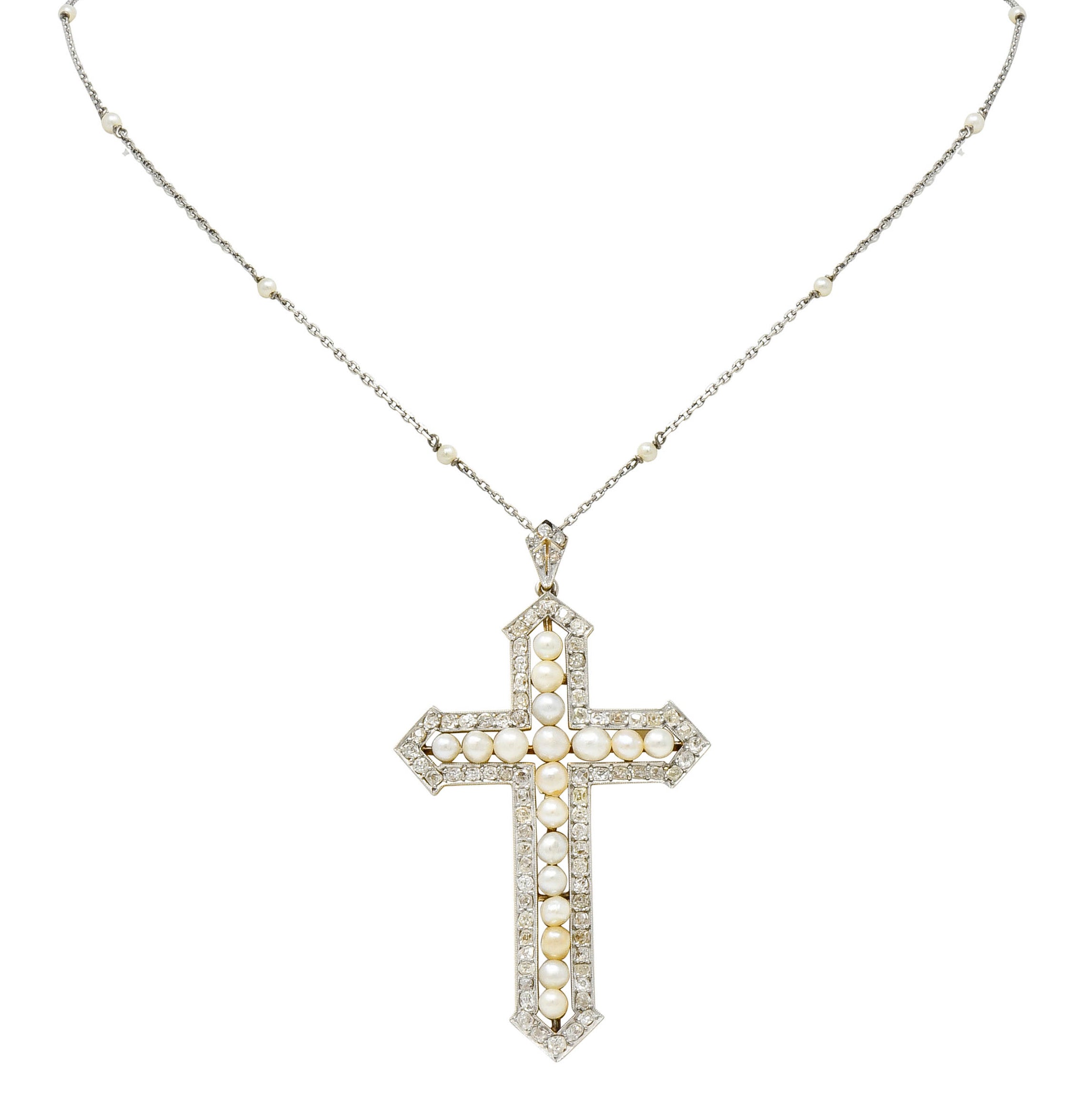 Edwardian 3.00 CTW Diamond Pearl Platinum-Topped 18 Karat Gold Cross Pendant Necklace - Wilson's Estate Jewelry