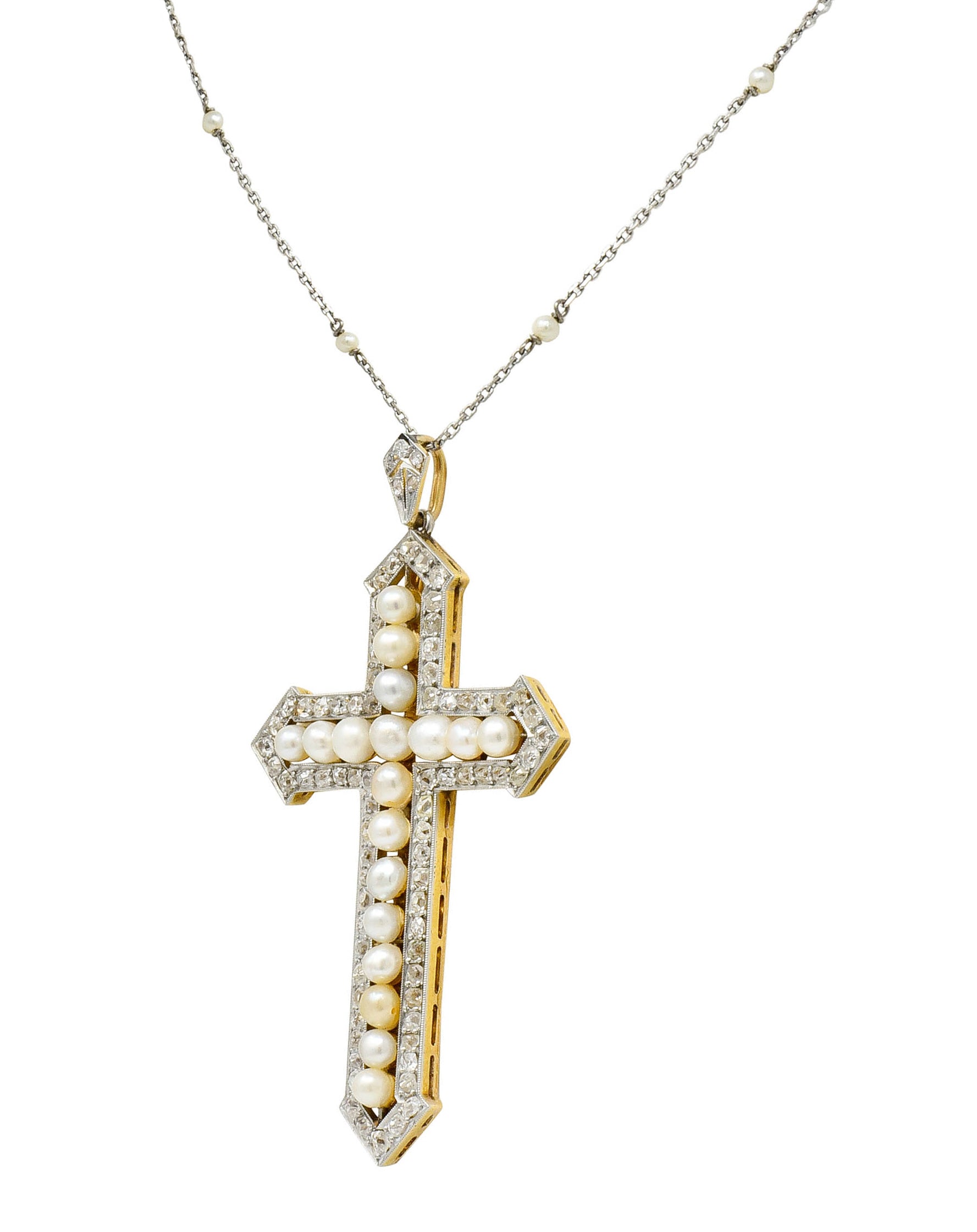 Edwardian 3.00 CTW Diamond Pearl Platinum-Topped 18 Karat Gold Cross Pendant Necklace - Wilson's Estate Jewelry