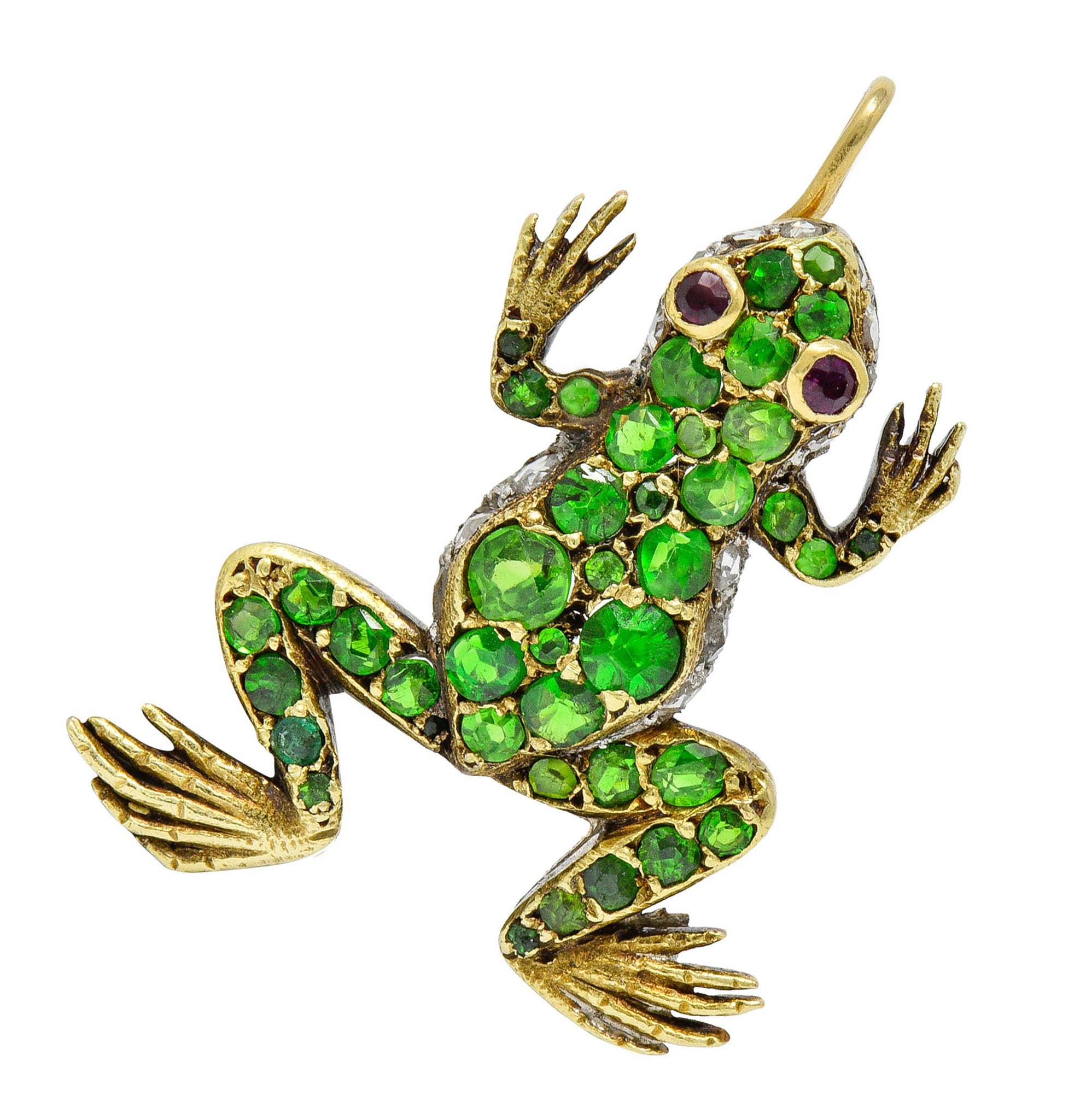 Edwardian Demantoid Garnet Diamond Platinum-Topped 18 Karat Gold Frog Charmcharm - Wilson's Estate Jewelry