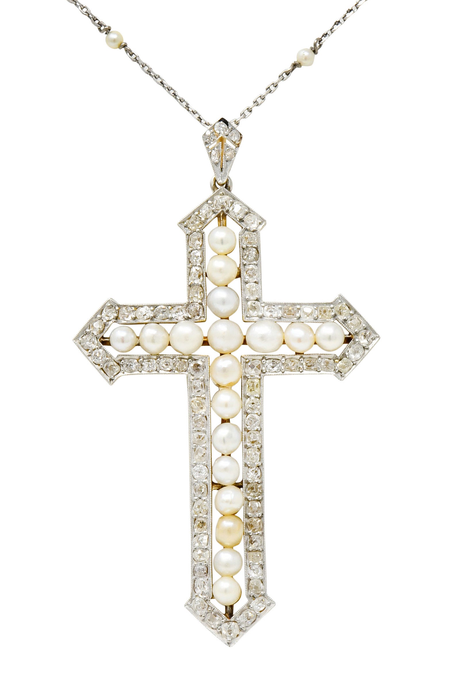 Edwardian 3.00 CTW Diamond Pearl Platinum-Topped 18 Karat Gold Cross Pendant Necklace - Wilson's Estate Jewelry