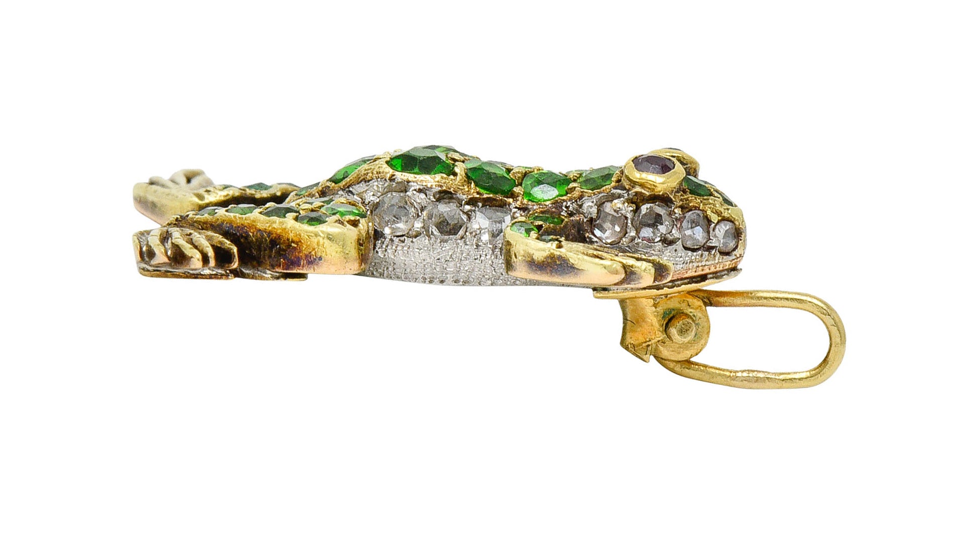 Edwardian Demantoid Garnet Diamond Platinum-Topped 18 Karat Gold Frog Charmcharm - Wilson's Estate Jewelry