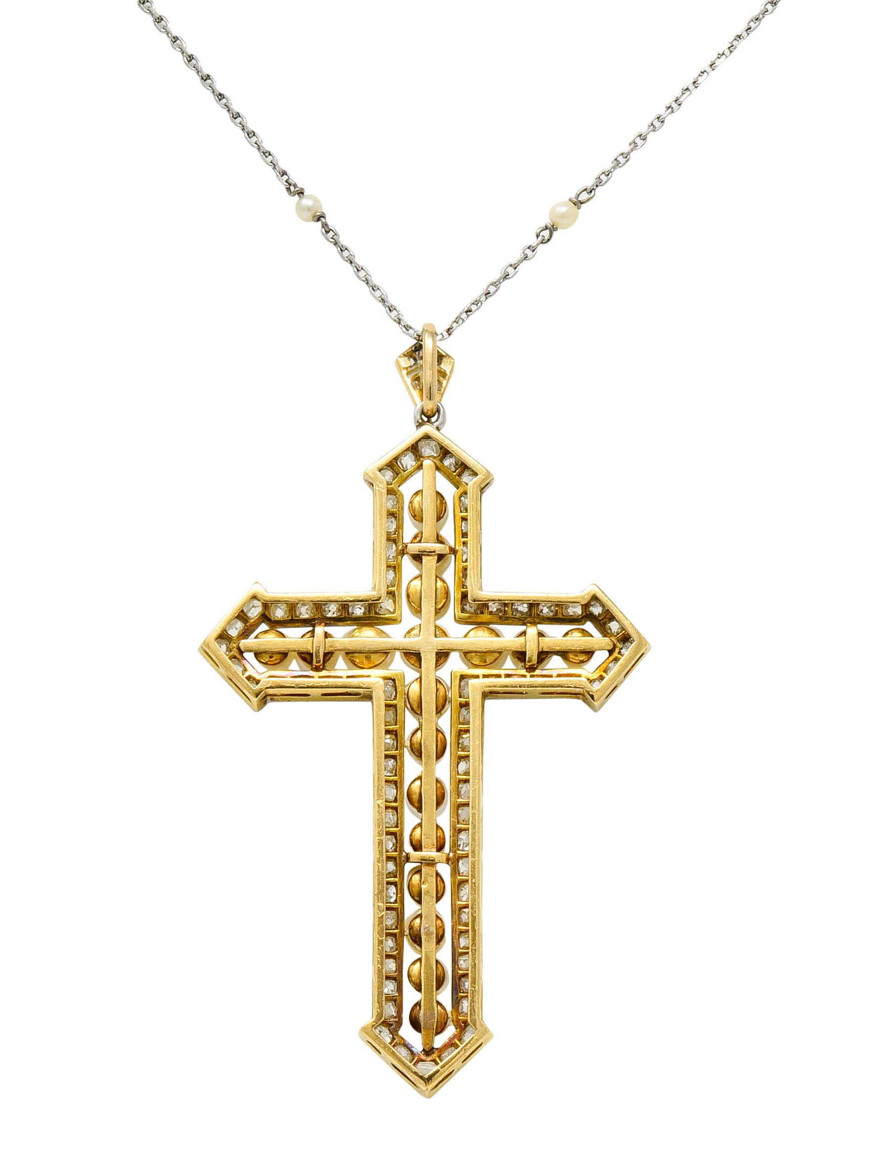 Edwardian 3.00 CTW Diamond Pearl Platinum-Topped 18 Karat Gold Cross Pendant Necklace - Wilson's Estate Jewelry