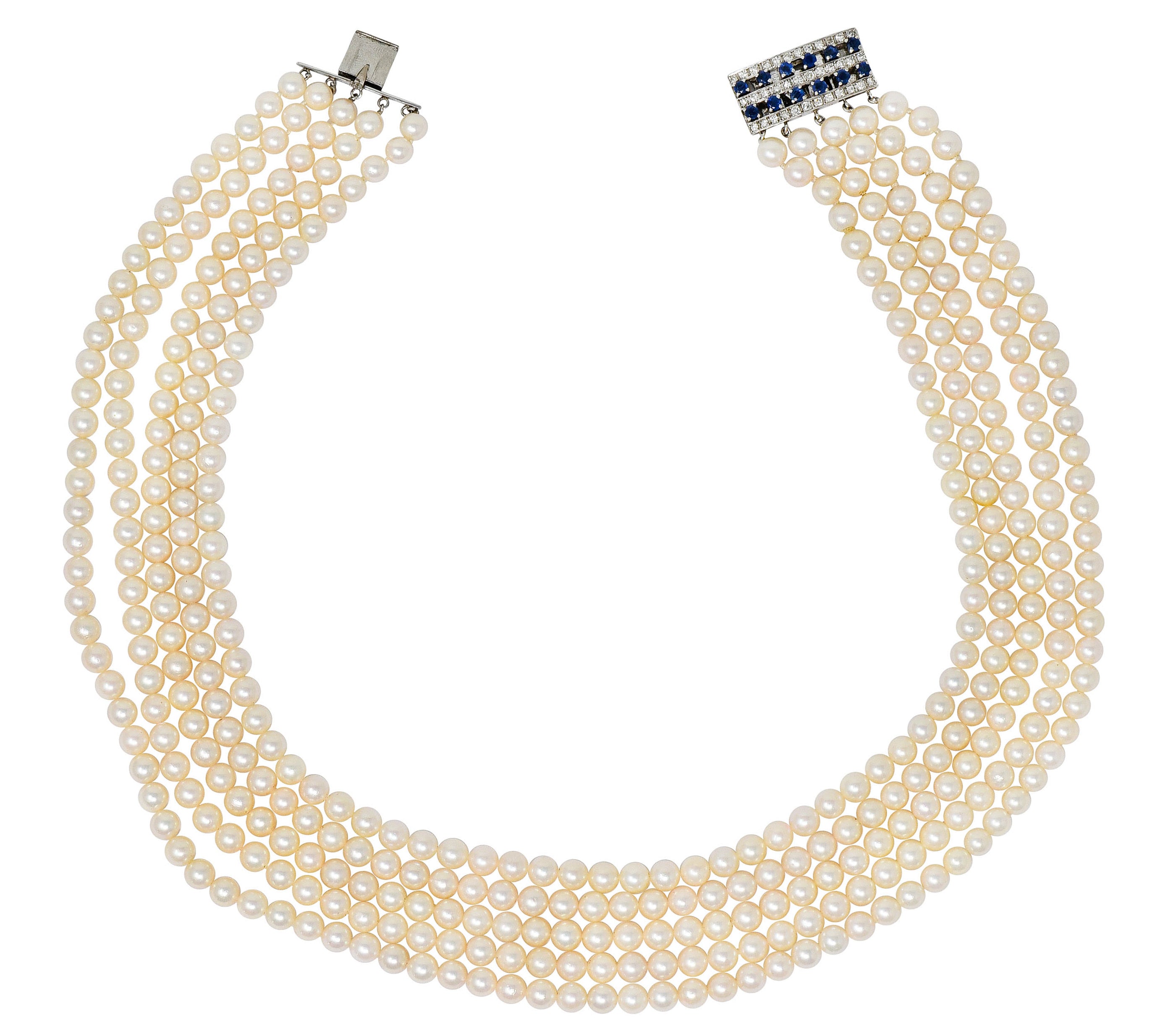 1960's Pearl Sapphire 18 Karat White Gold Five Strand Necklace - Wilson's Estate Jewelry