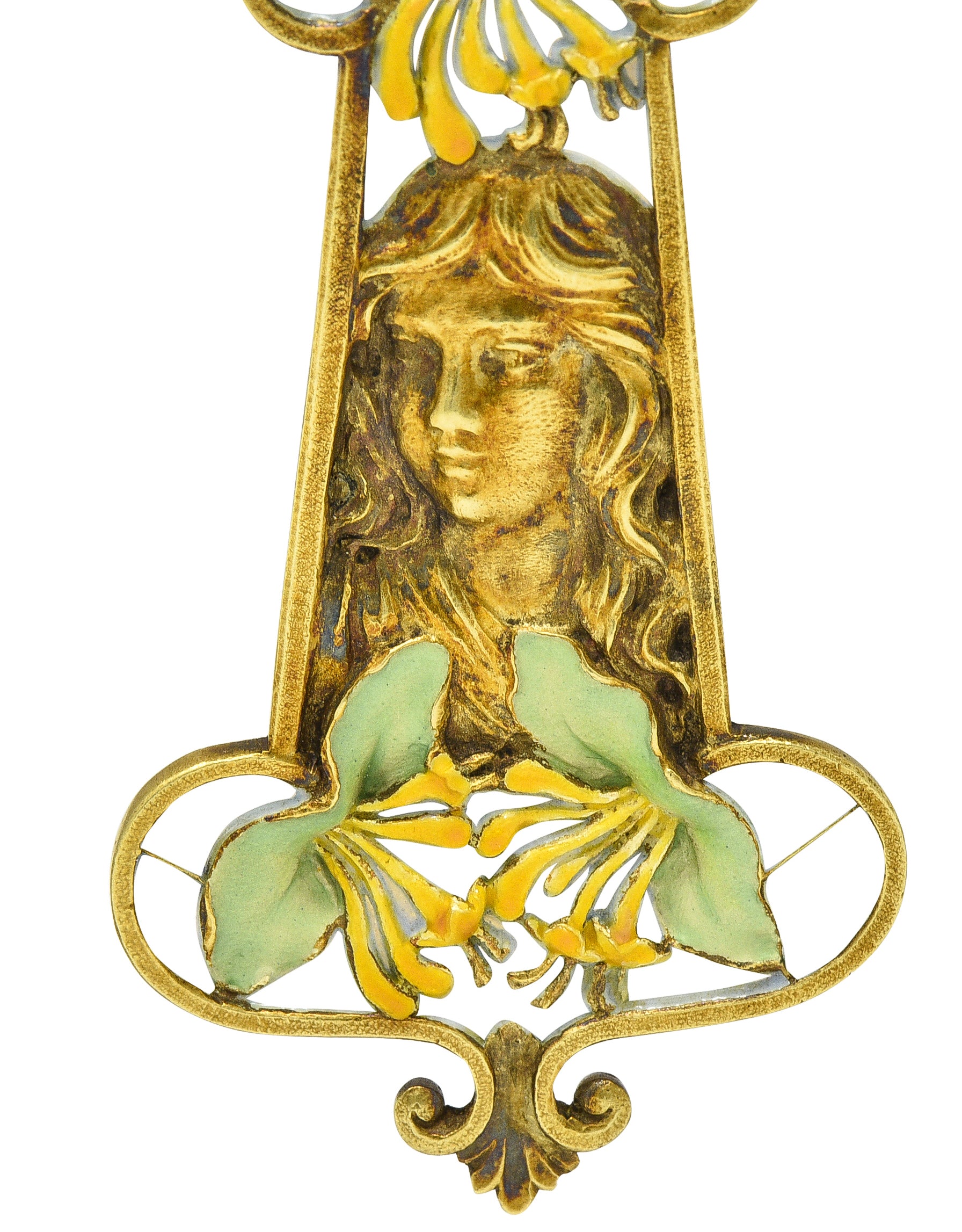 Eugene Feuilltre Art Nouveau Enamel 18 Karat Gold Lily Lady Antique Pendant