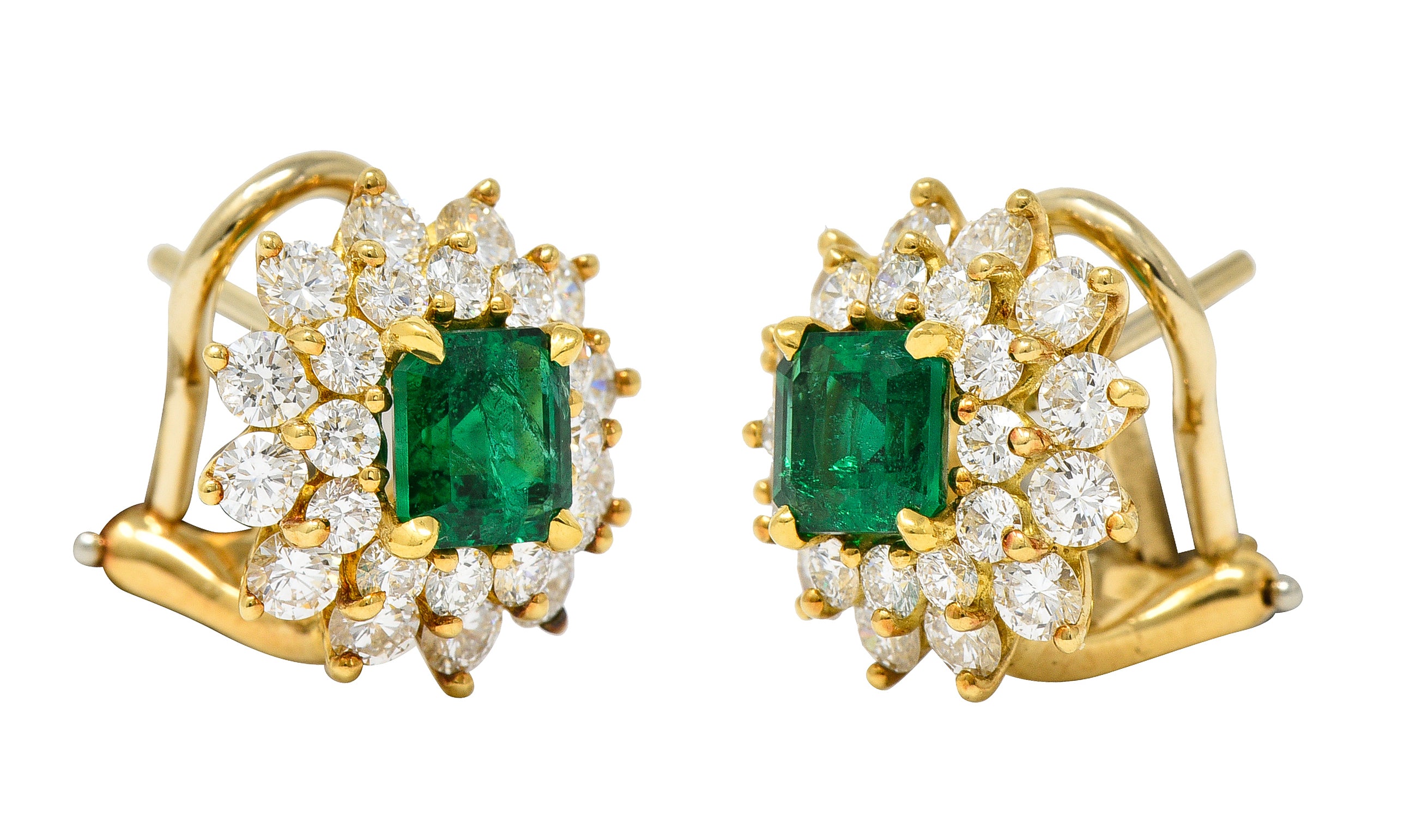 Tiffany & Co. 3.58 CTW Emerald Diamond 18 Karat Gold Vintage Cluster Earrings