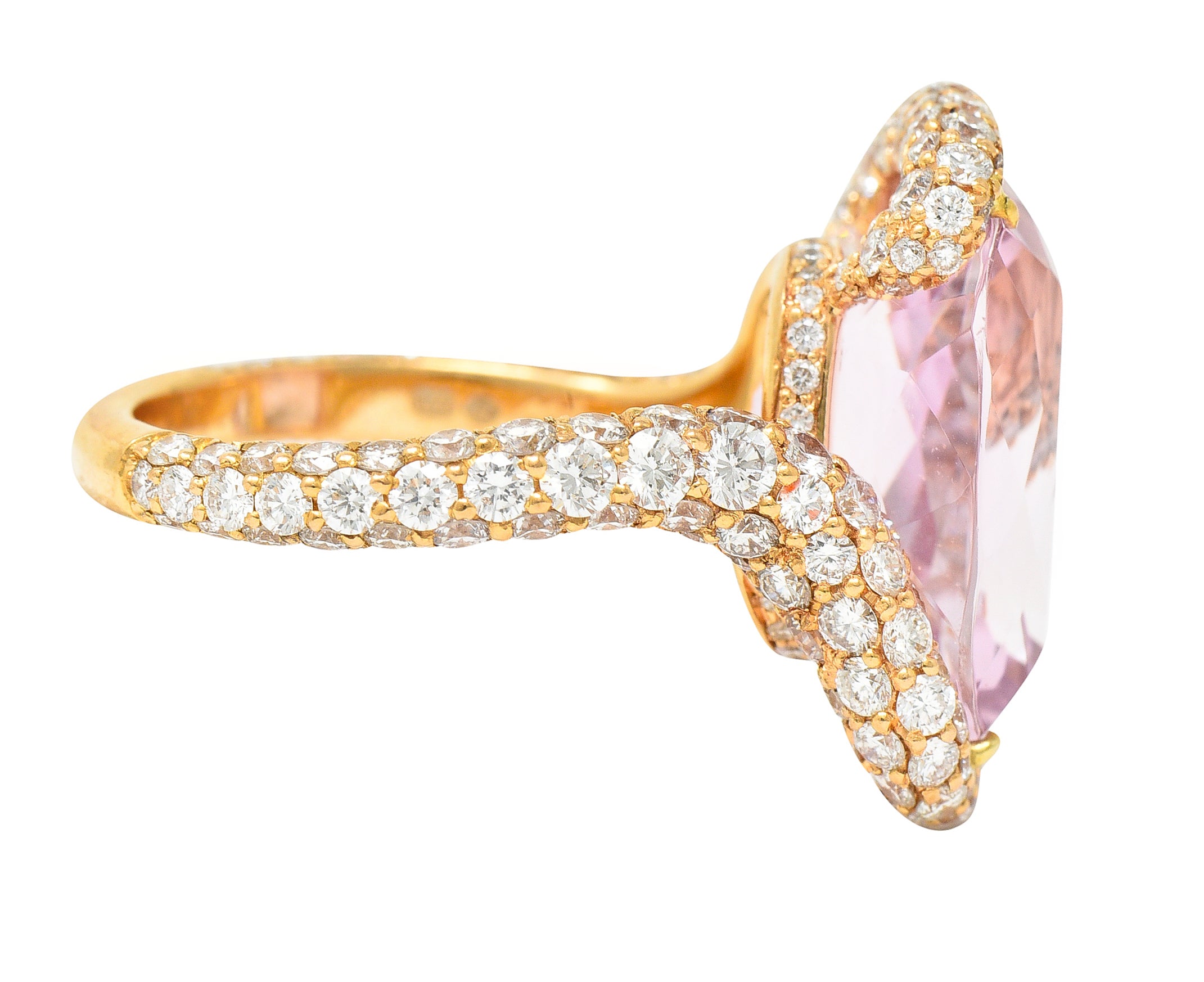 .11111 SH De Grisogono Kunzite Pavé Diamond 18 Karat Rose Gold Bypass Gemstone Ring Wilson's Estate Jewelry