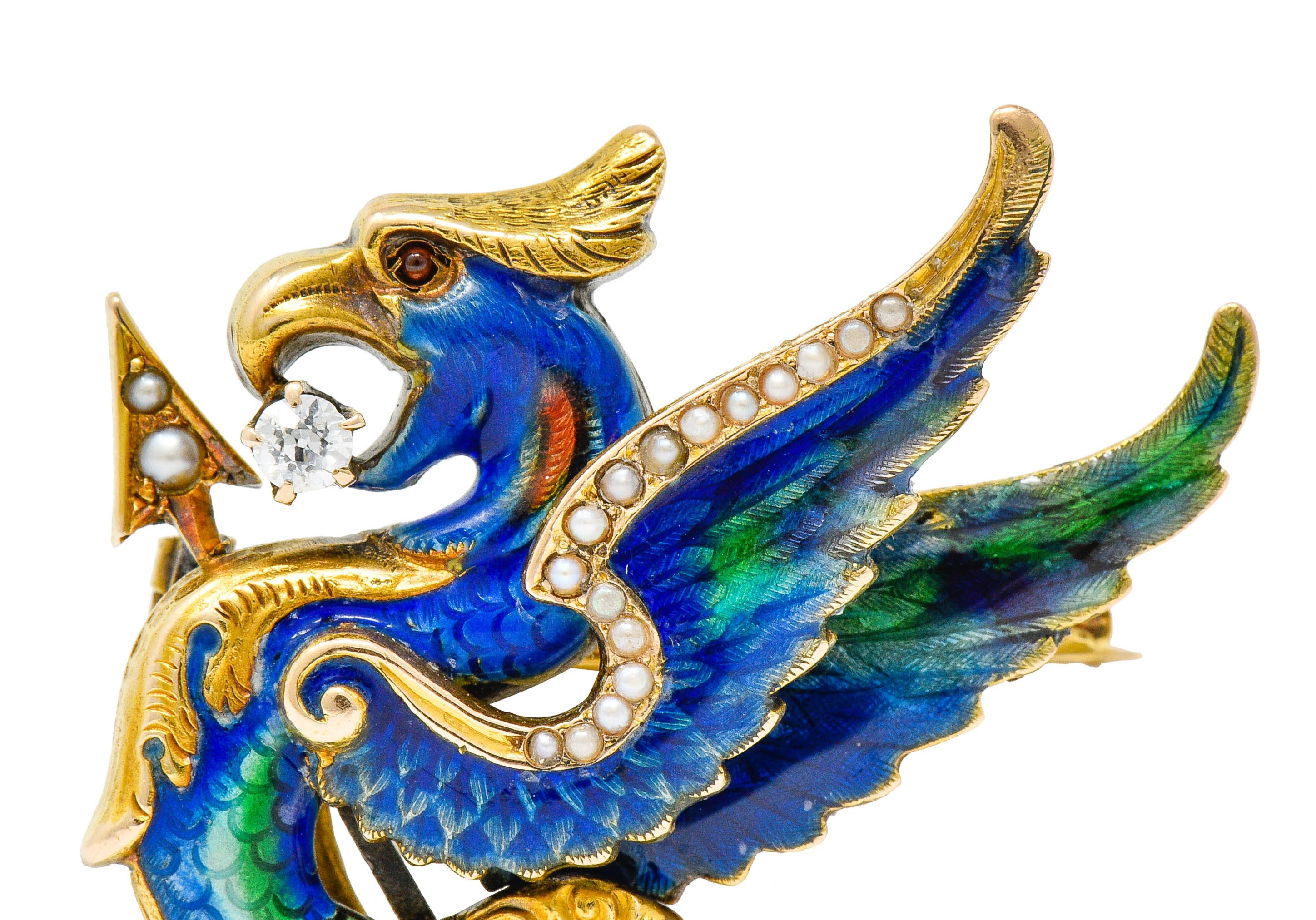 Riker Brothers Diamond Enamel Natural Freshwater Pearl 14 Karat Gold Dragon Basilisk BroochBrooch - Wilson's Estate Jewelry