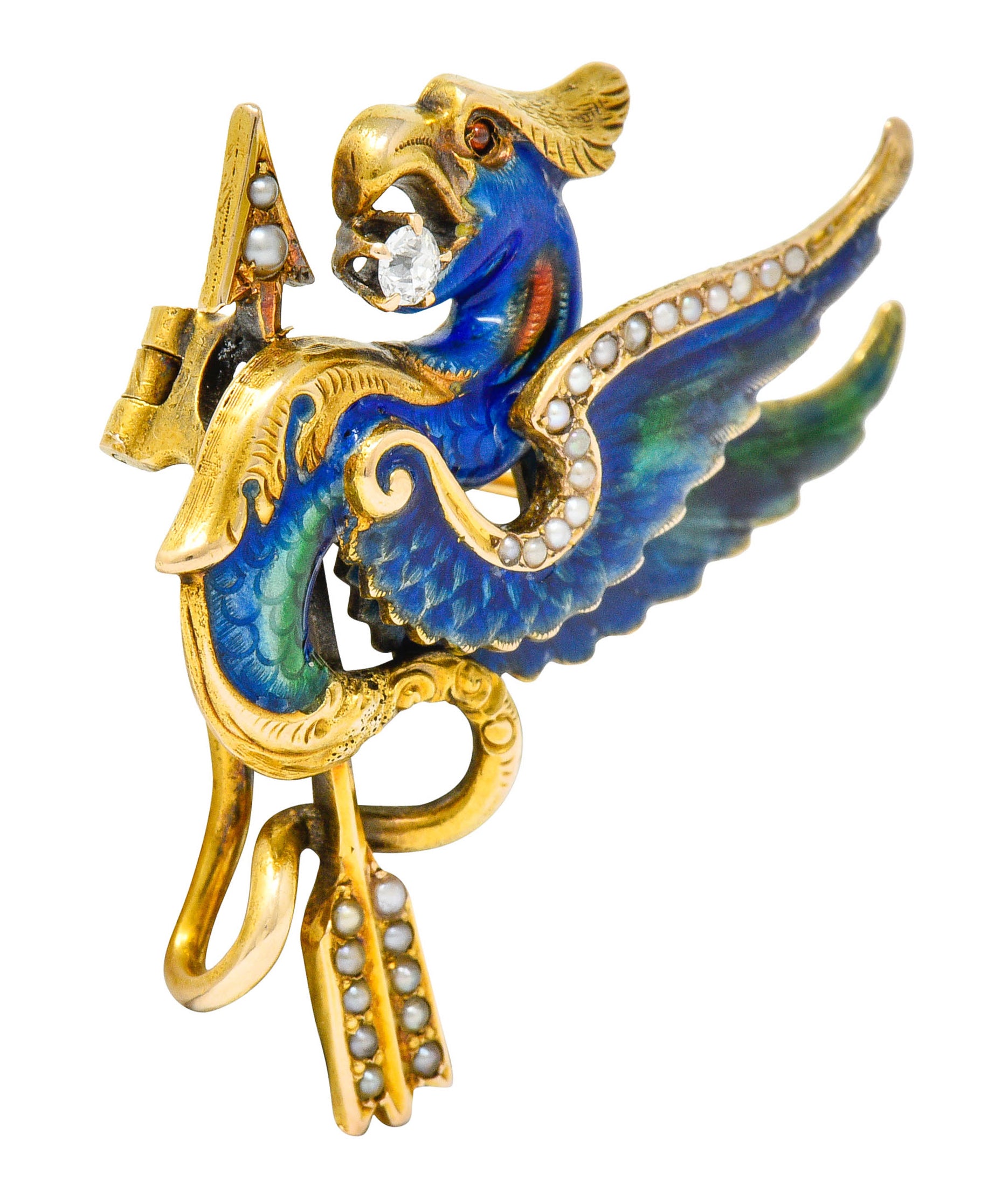 Riker Brothers Diamond Enamel Natural Freshwater Pearl 14 Karat Gold Dragon Basilisk BroochBrooch - Wilson's Estate Jewelry