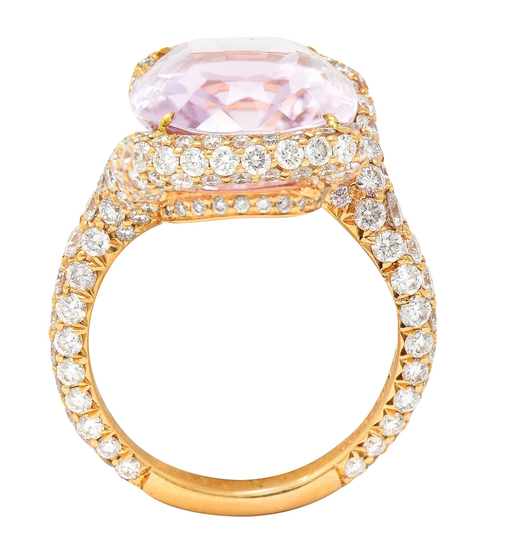 .11111 SH De Grisogono Kunzite Pavé Diamond 18 Karat Rose Gold Bypass Gemstone Ring Wilson's Estate Jewelry