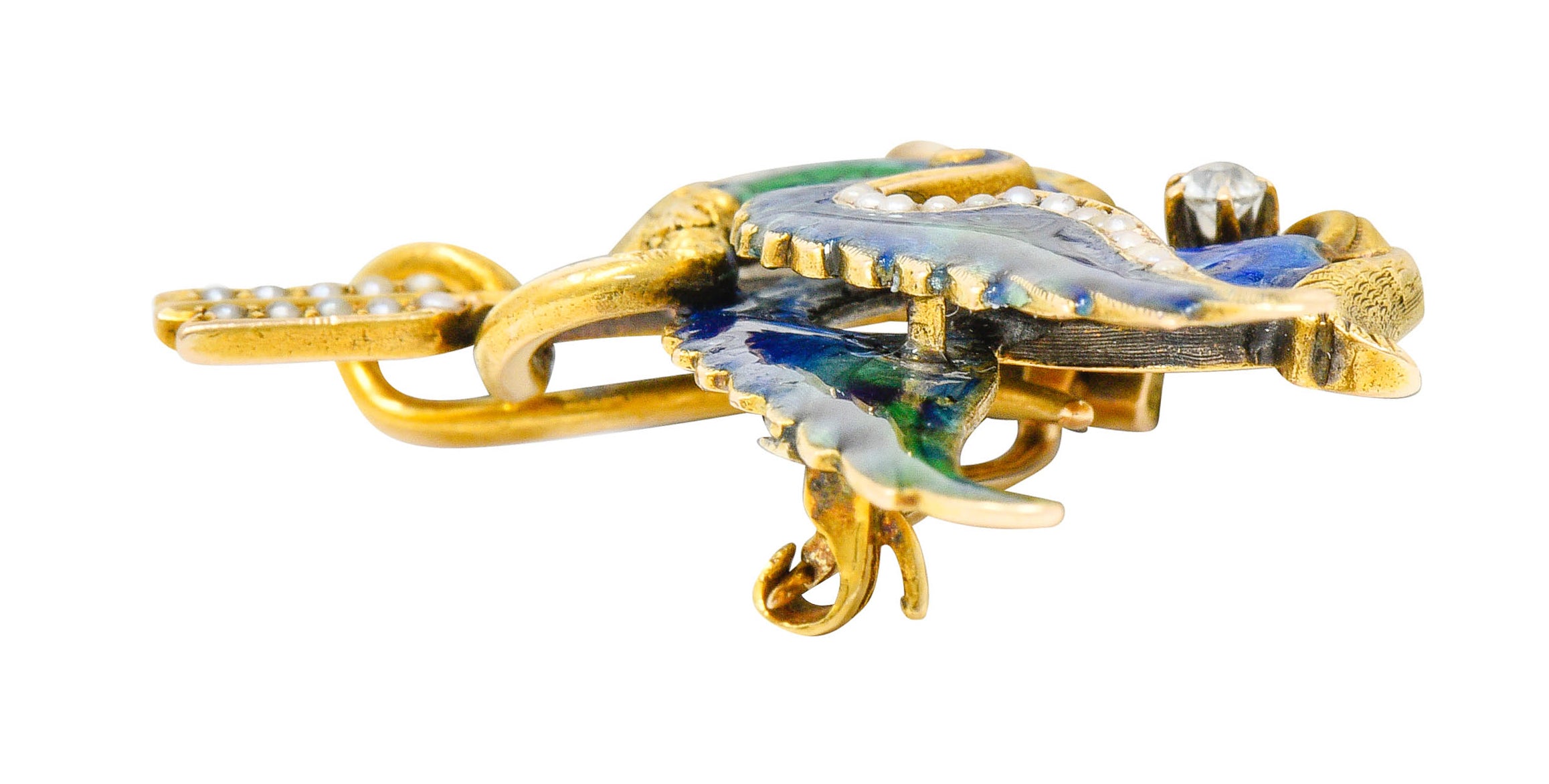 Riker Brothers Diamond Enamel Natural Freshwater Pearl 14 Karat Gold Dragon Basilisk BroochBrooch - Wilson's Estate Jewelry