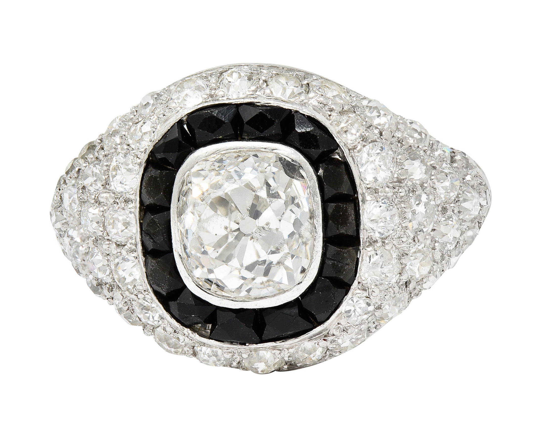 Art Deco Onyx Halo 2.70 CTW Diamond Platinum Bombe Band RingRing - Wilson's Estate Jewelry