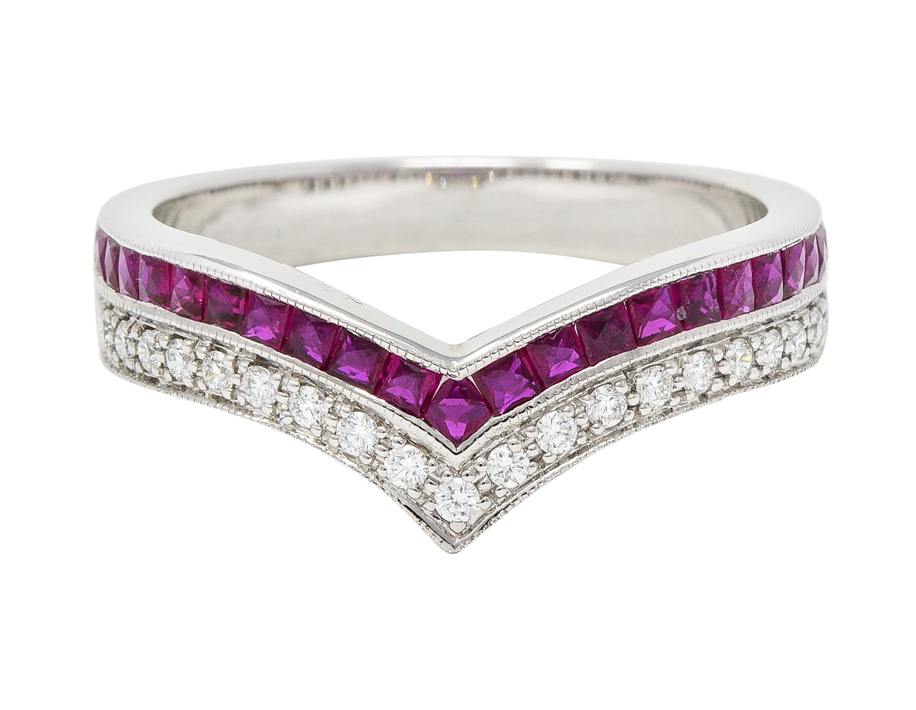 Contemporary 0.69 CTW French Cut Ruby Diamond 14 Karat White Gold Chevron Contour Band Ring Wilson's Estate Jewelry