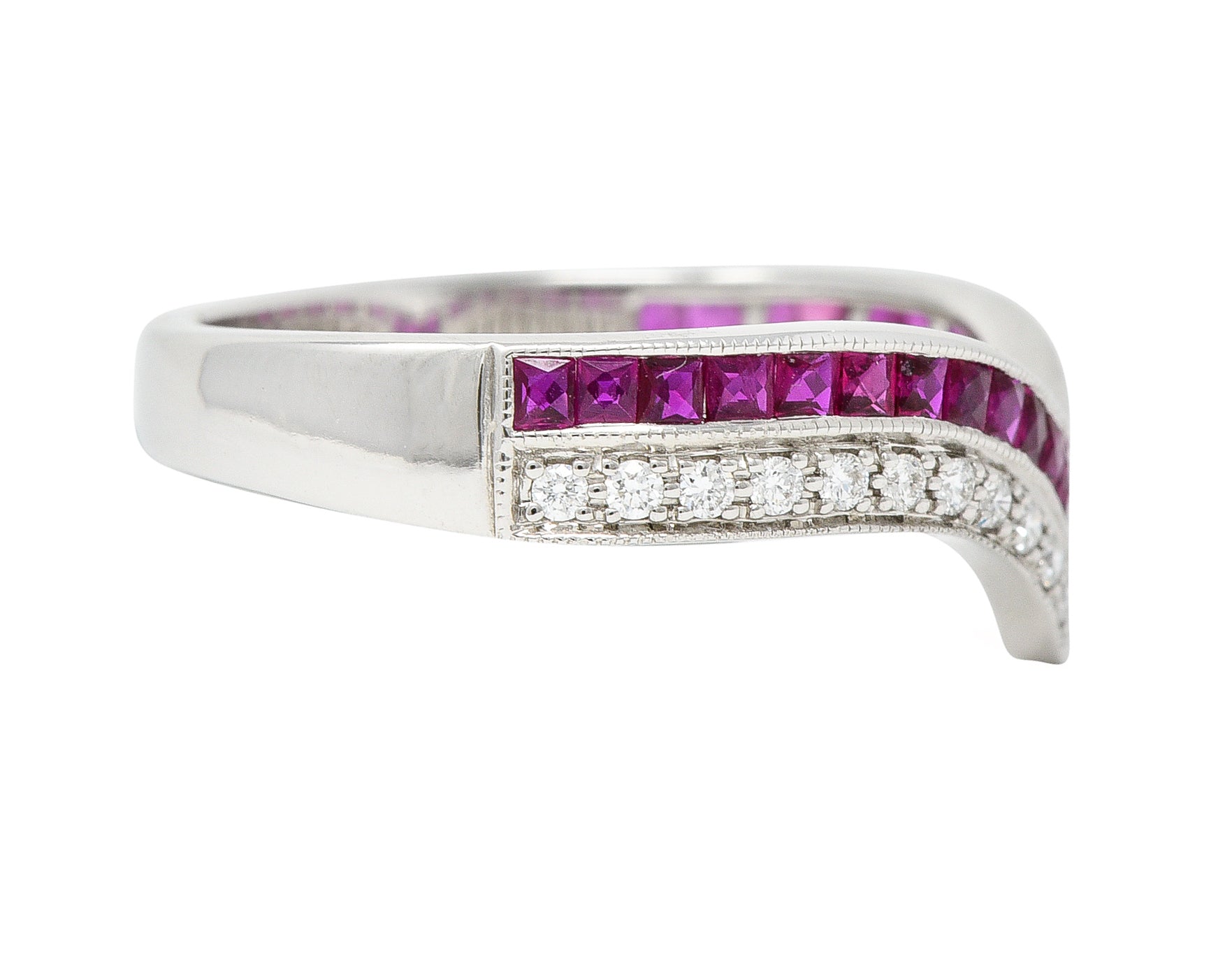 Contemporary 0.69 CTW French Cut Ruby Diamond 14 Karat White Gold Chevron Contour Band Ring Wilson's Estate Jewelry