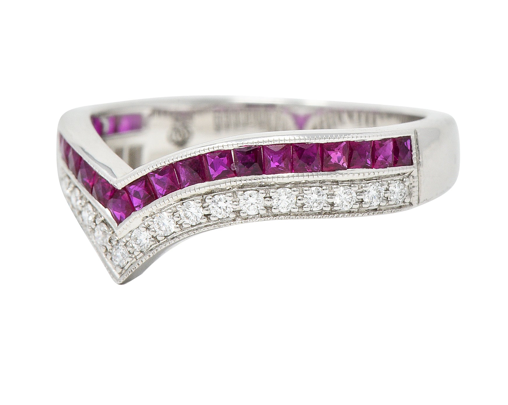 Contemporary 0.69 CTW French Cut Ruby Diamond 14 Karat White Gold Chevron Contour Band Ring Wilson's Estate Jewelry