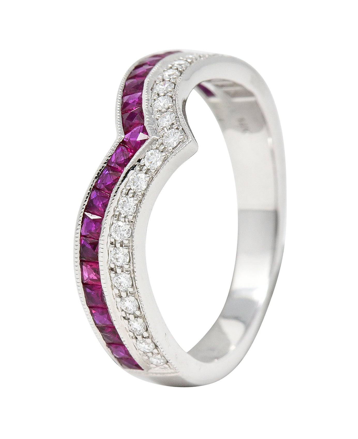 Contemporary 0.69 CTW French Cut Ruby Diamond 14 Karat White Gold Chevron Contour Band Ring Wilson's Estate Jewelry