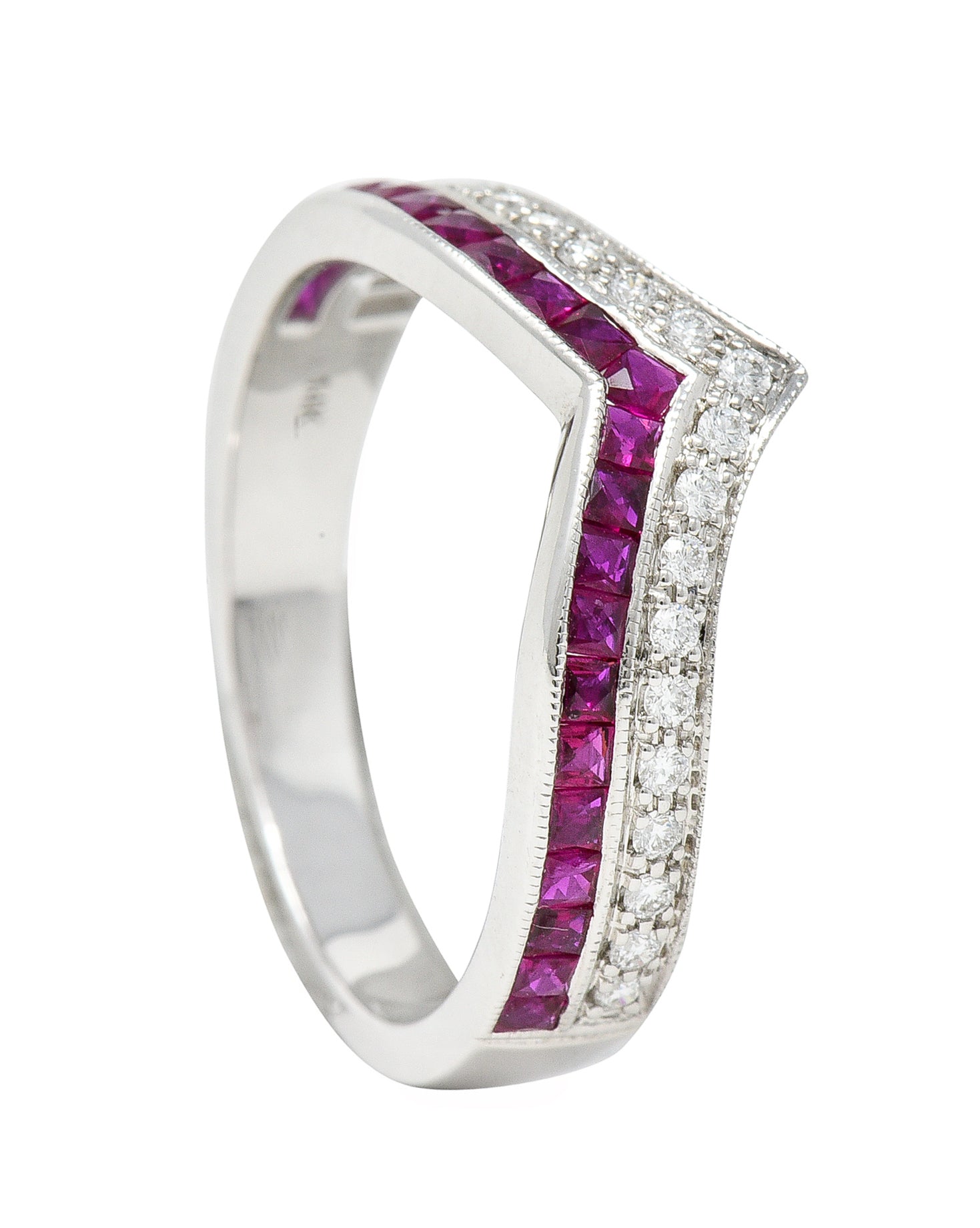 Contemporary 0.69 CTW French Cut Ruby Diamond 14 Karat White Gold Chevron Contour Band Ring Wilson's Estate Jewelry