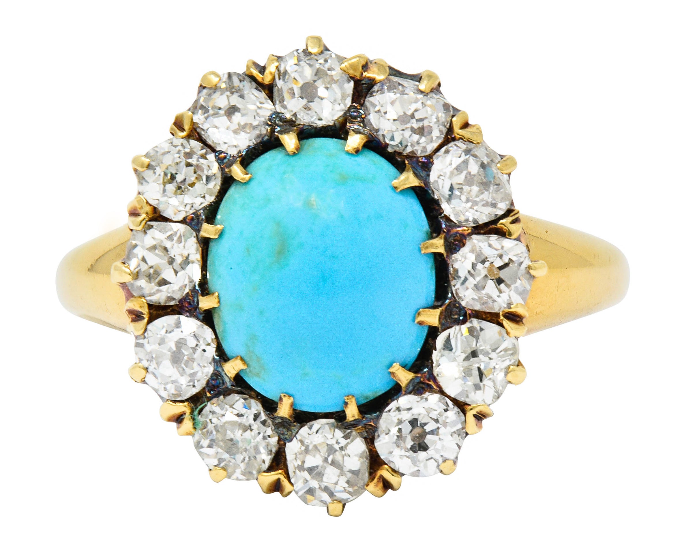 Victorian 1.80 CTW Diamond Turquoise Cabochon 18 Karat Gold Cluster Ring - Wilson's Estate Jewelry