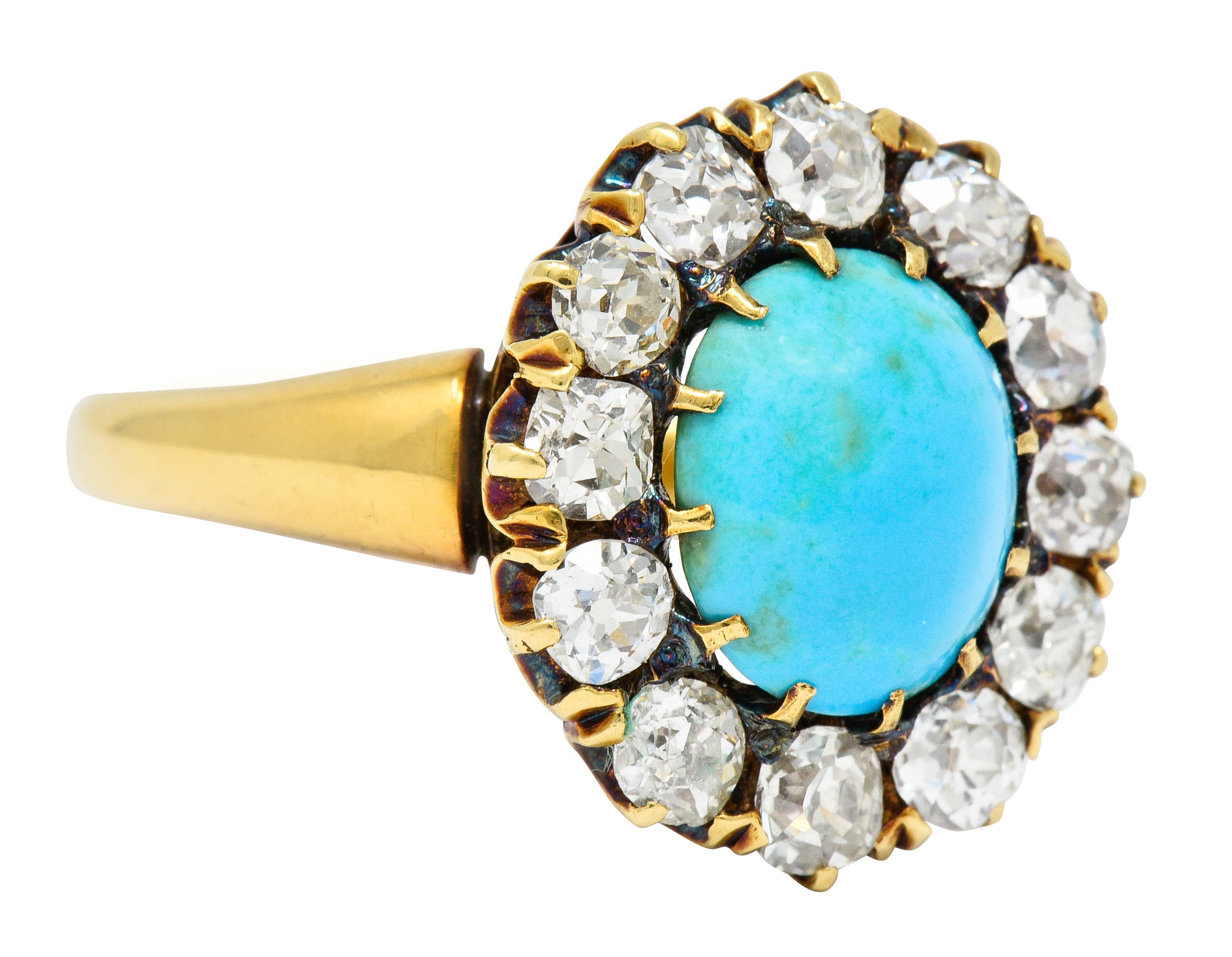 Victorian 1.80 CTW Diamond Turquoise Cabochon 18 Karat Gold Cluster Ring - Wilson's Estate Jewelry