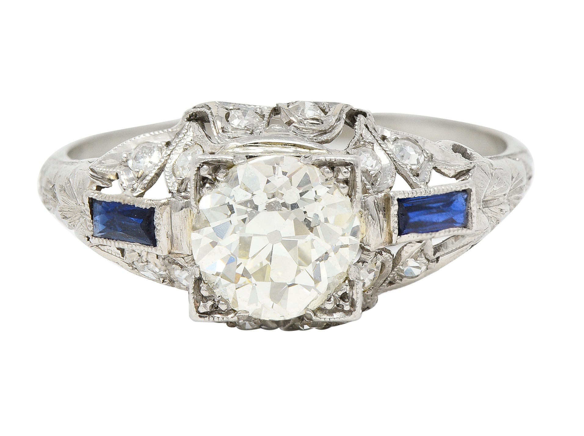 Art Deco 1.51 CTW Old European Cut Diamond Sapphire Platinum Ivy Square Form Engagement Ring Wilson's Estate Jewelry