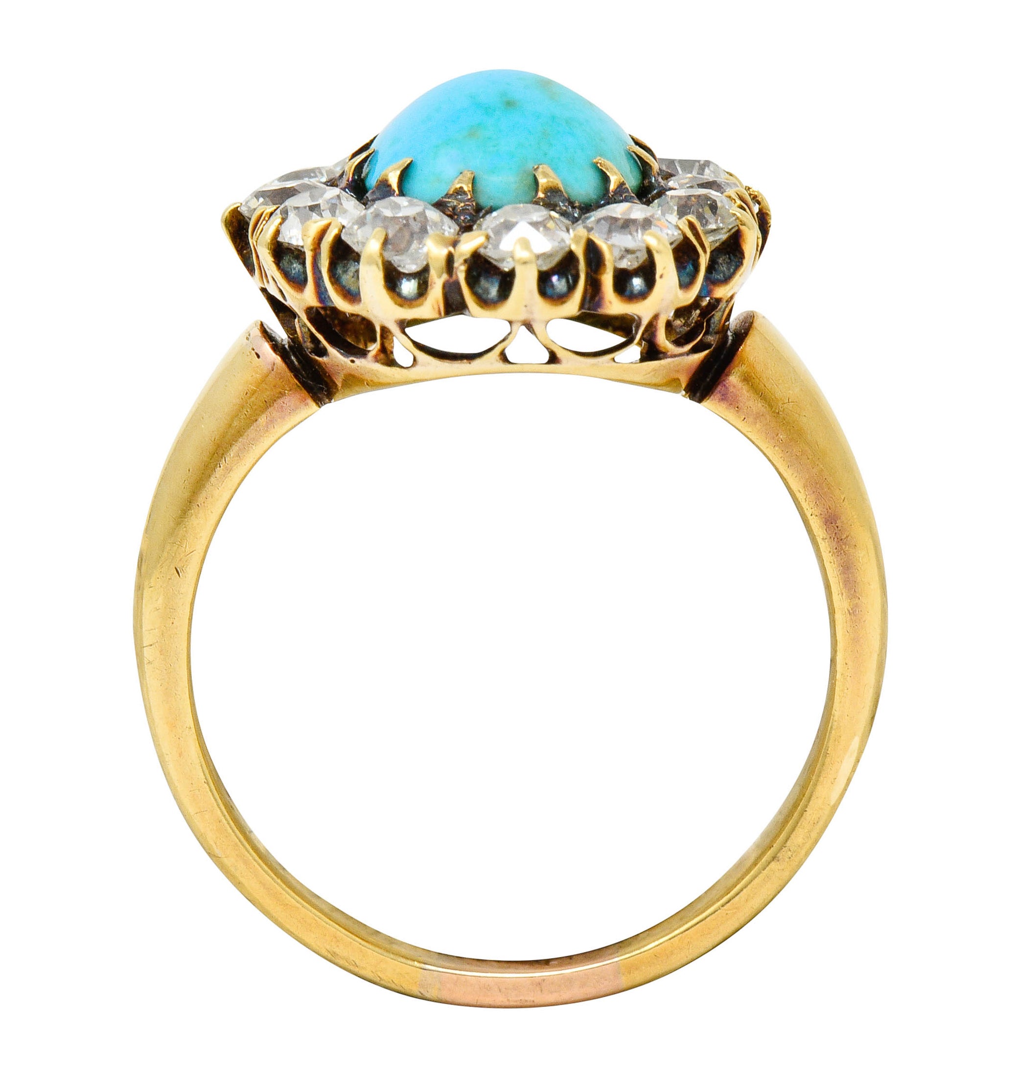 Victorian 1.80 CTW Diamond Turquoise Cabochon 18 Karat Gold Cluster Ring - Wilson's Estate Jewelry