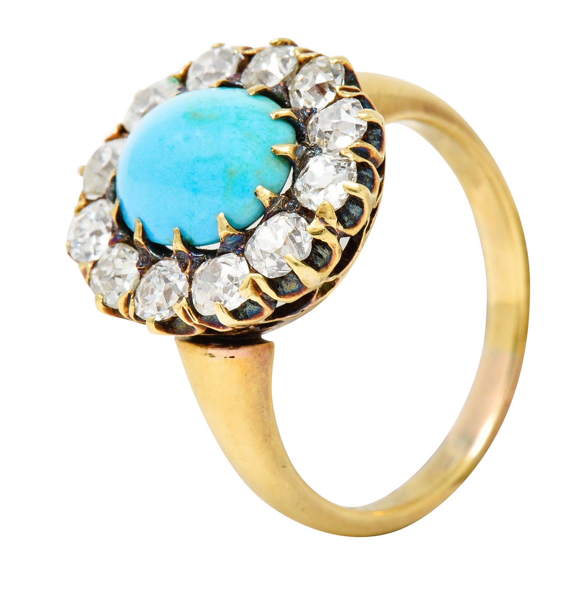 Victorian 1.80 CTW Diamond Turquoise Cabochon 18 Karat Gold Cluster Ring - Wilson's Estate Jewelry