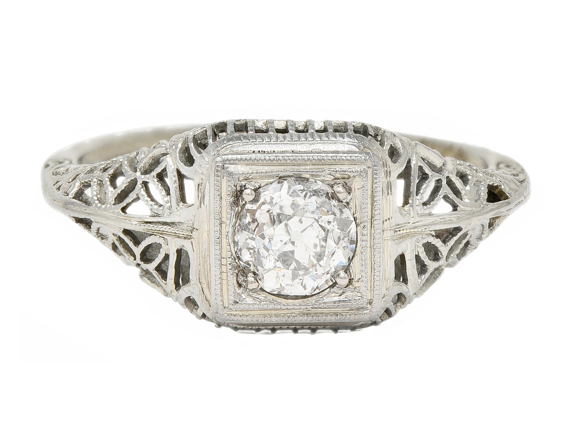 Art Deco 0.58 CTW Diamond 18 Karat White Gold Floral Vintage Engagement Ring