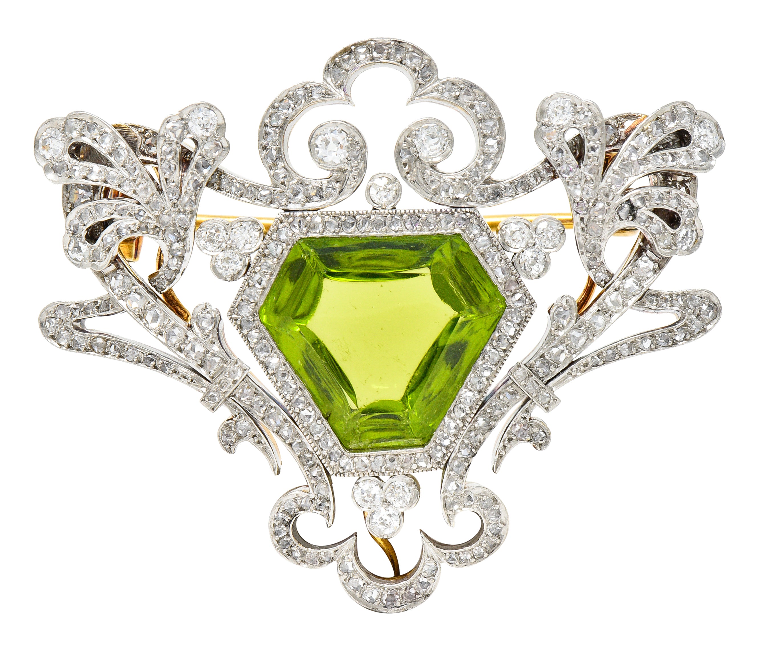 Belle Époque 10.00 CTW Peridot Diamond Platinum-Topped 18 Karat Yellow Gold Antique Pendant Brooch Wilson's Estate Jewelry