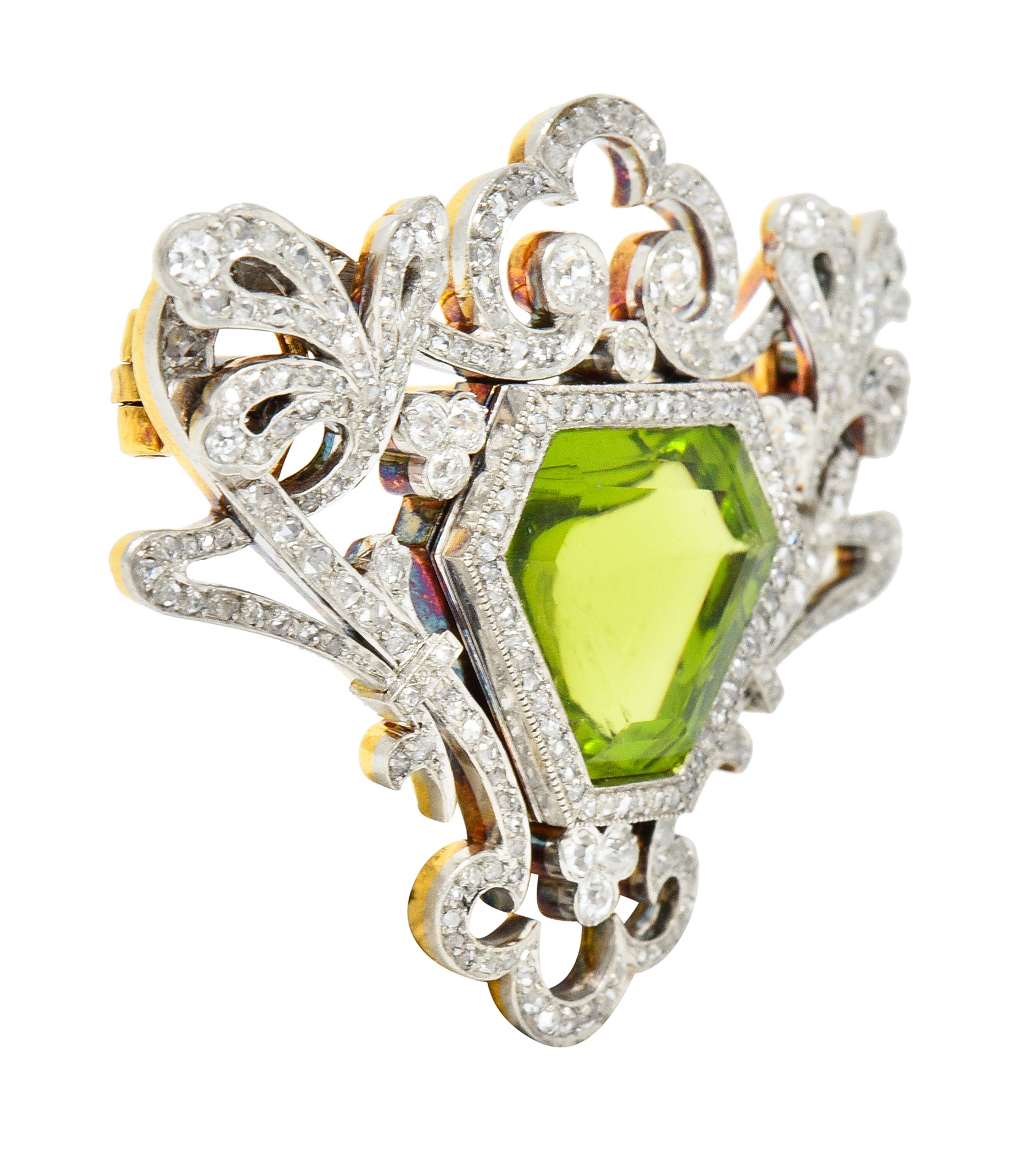 Belle Époque 10.00 CTW Peridot Diamond Platinum-Topped 18 Karat Yellow Gold Antique Pendant Brooch Wilson's Estate Jewelry