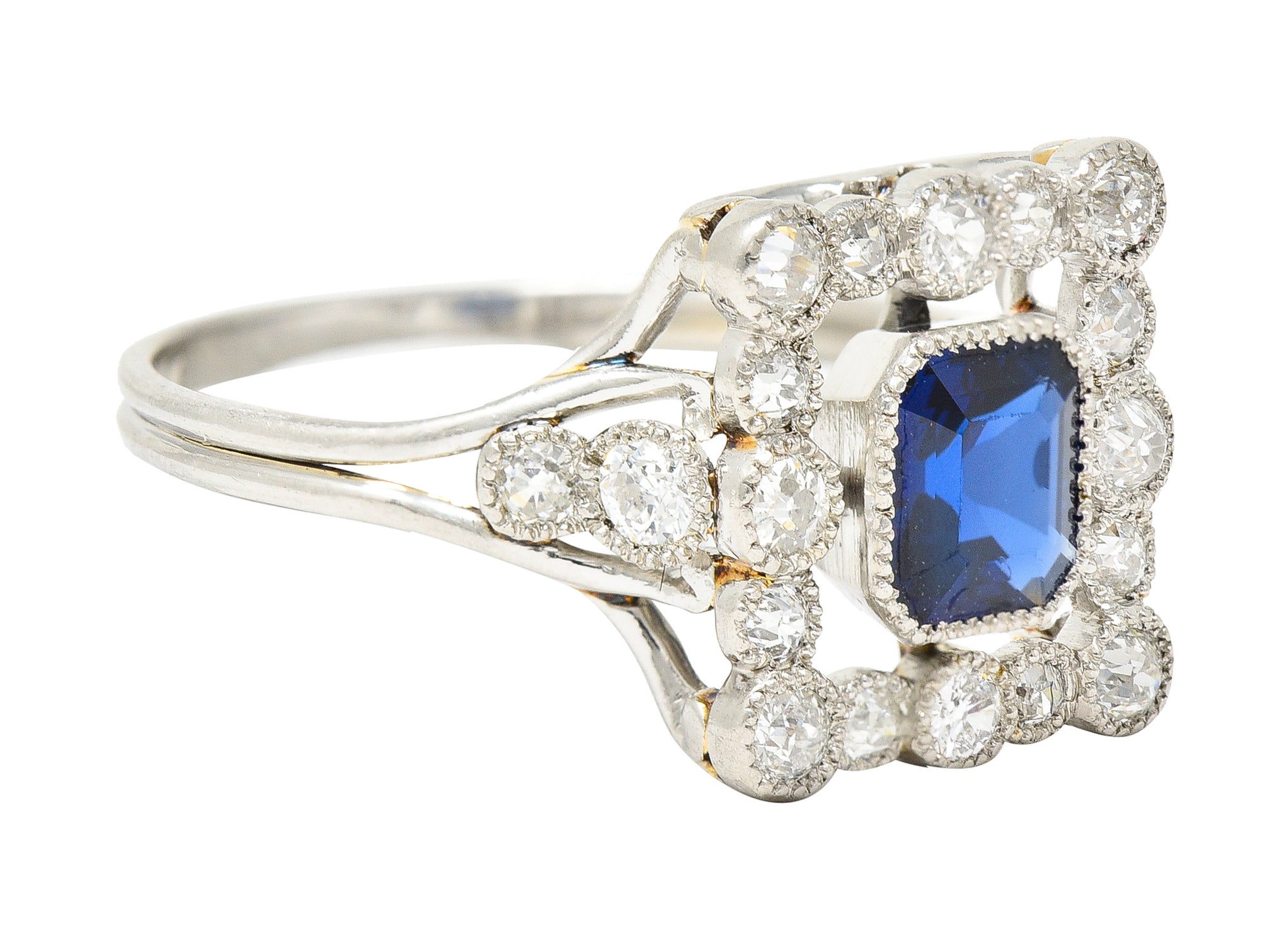 Art Deco 1.35 CTW Sapphire Diamond Platinum Rectangular Cluster Ring Wilson's Estate Jewelry