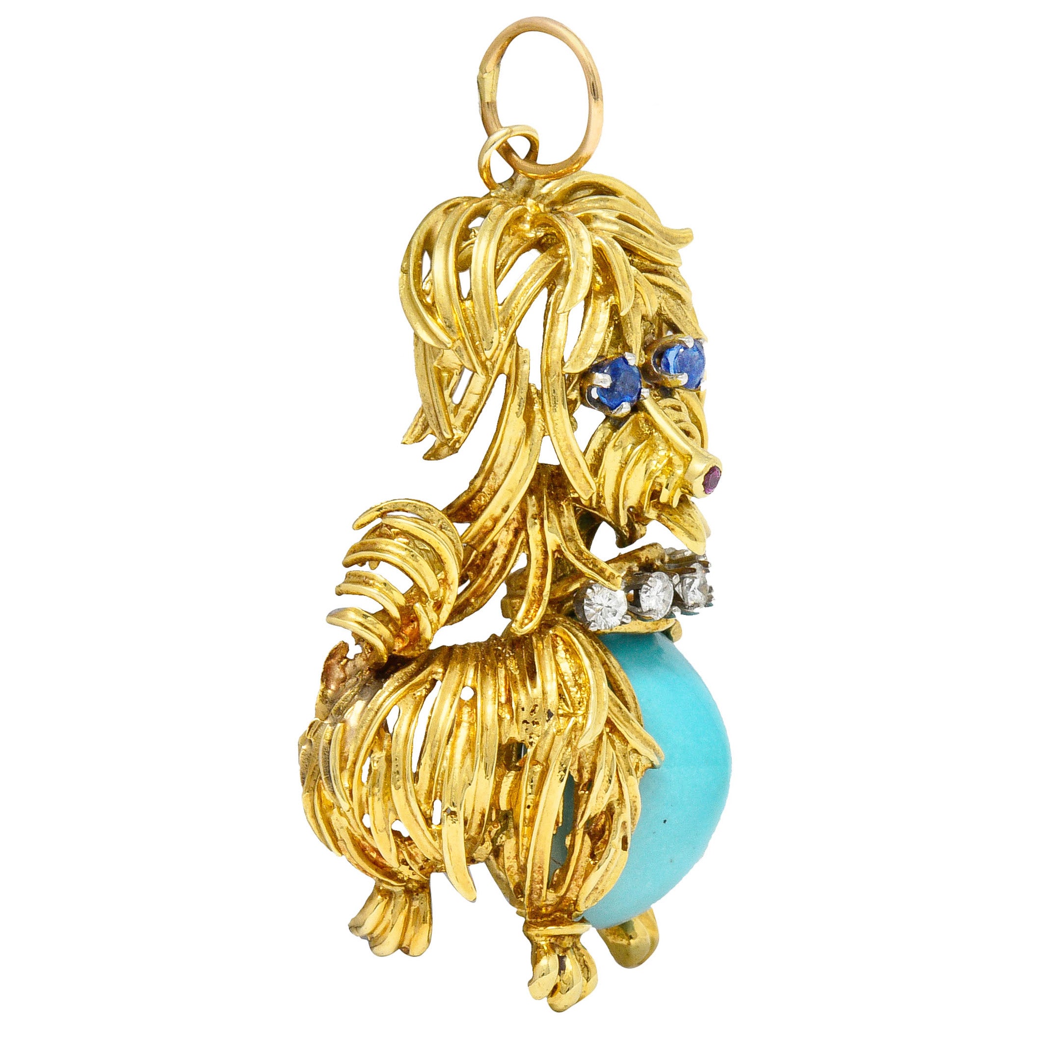 1960's Vintage Turquoise Sapphire Diamond 18 Karat Gold Maltese Dog PendantNecklace - Wilson's Estate Jewelry