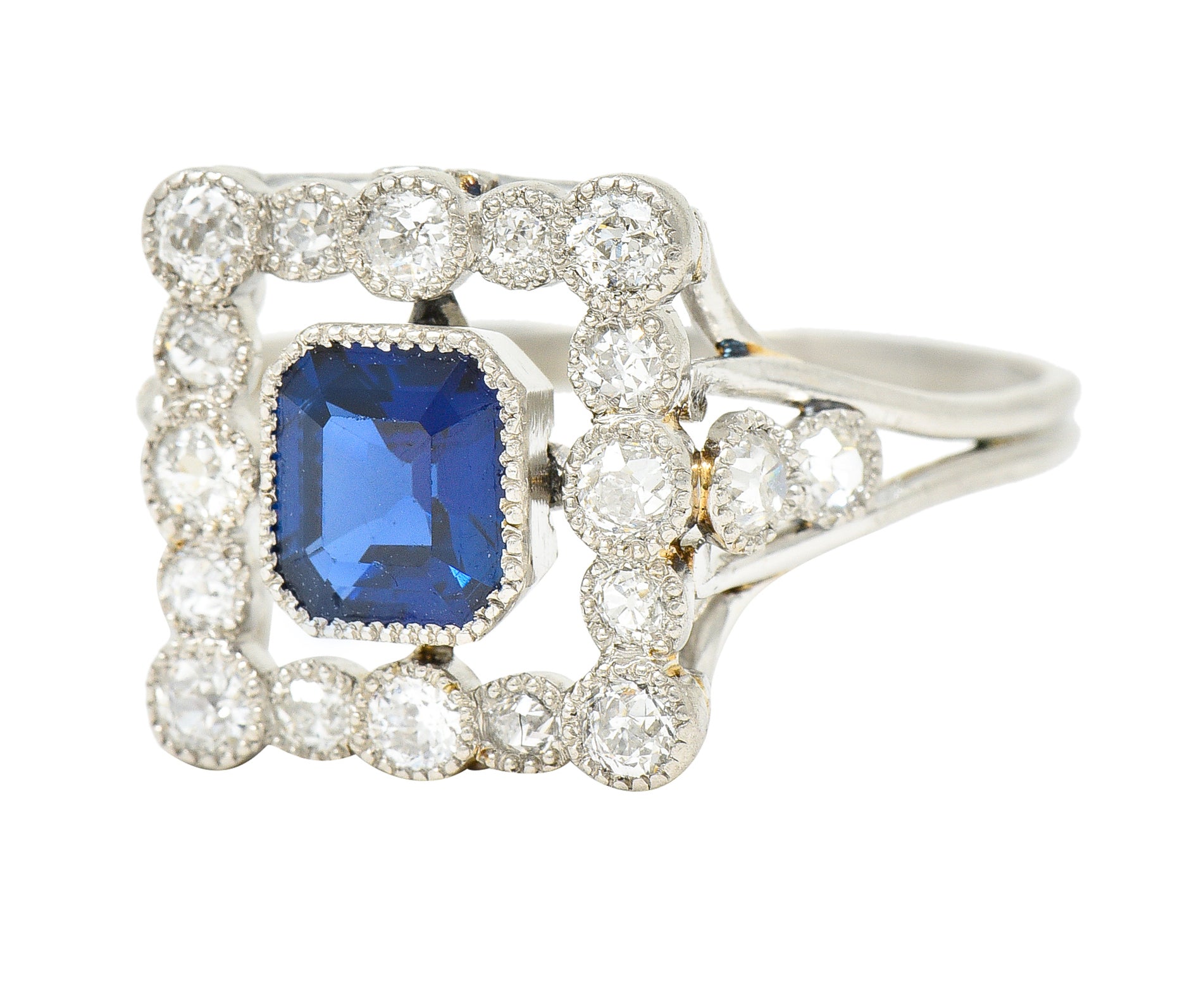 Art Deco 1.35 CTW Sapphire Diamond Platinum Rectangular Cluster Ring Wilson's Estate Jewelry