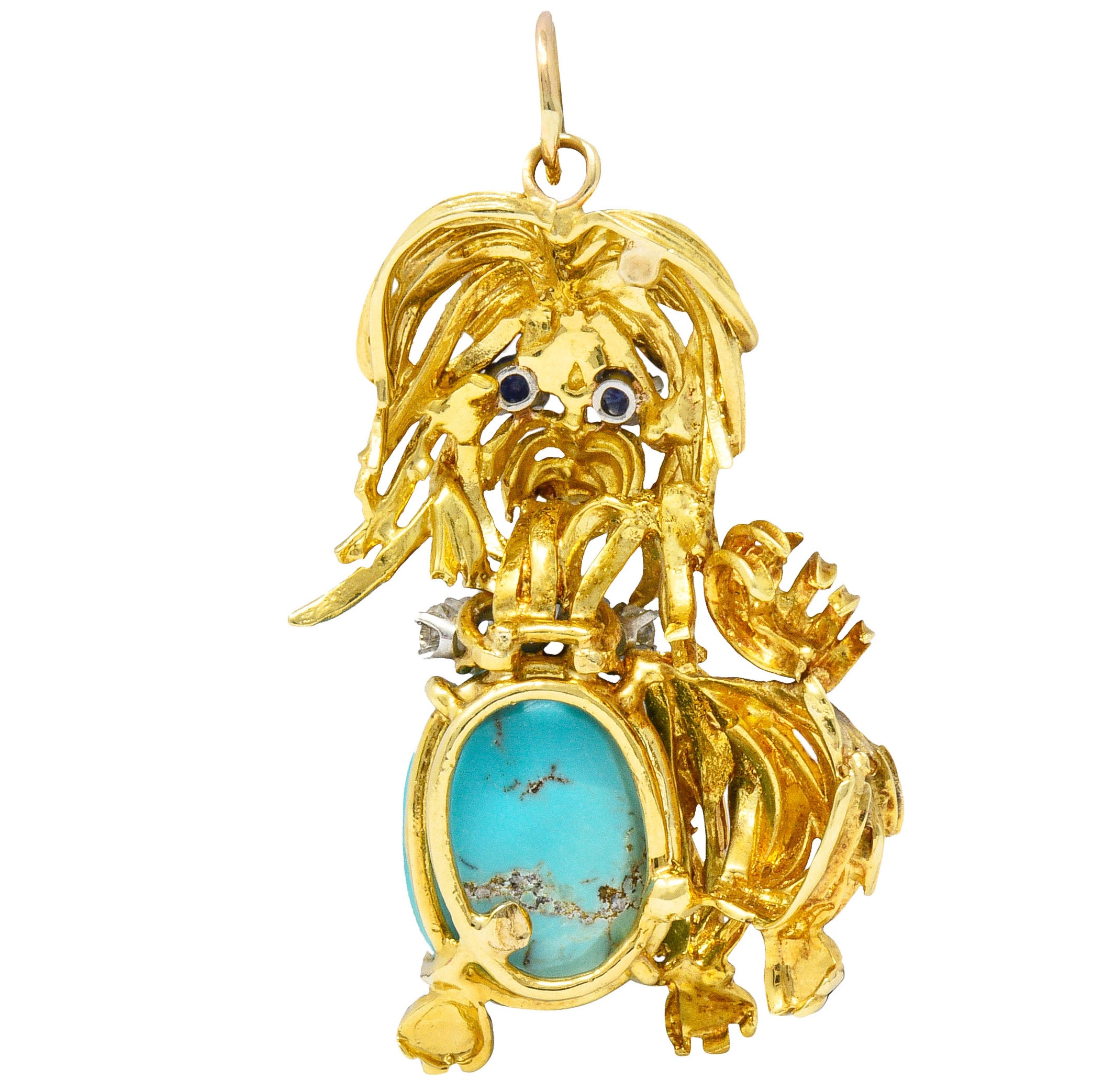 1960's Vintage Turquoise Sapphire Diamond 18 Karat Gold Maltese Dog PendantNecklace - Wilson's Estate Jewelry