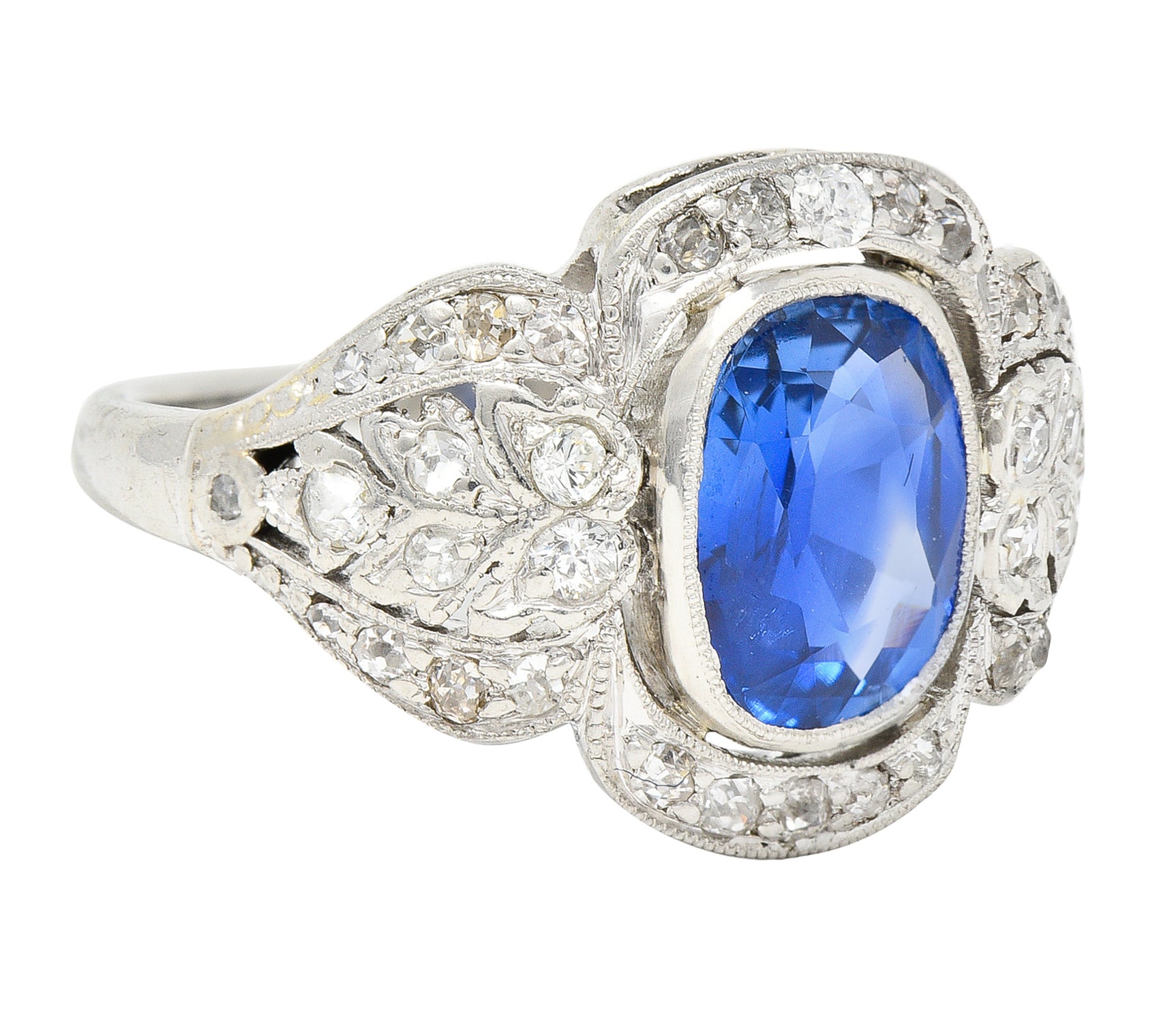 Edwardian 2.56 CTW Cushion Cut No Heat Burma Sapphire Diamond Platinum Foliate Antique Dinner Ring AGL Wilson's Estate Jewelry