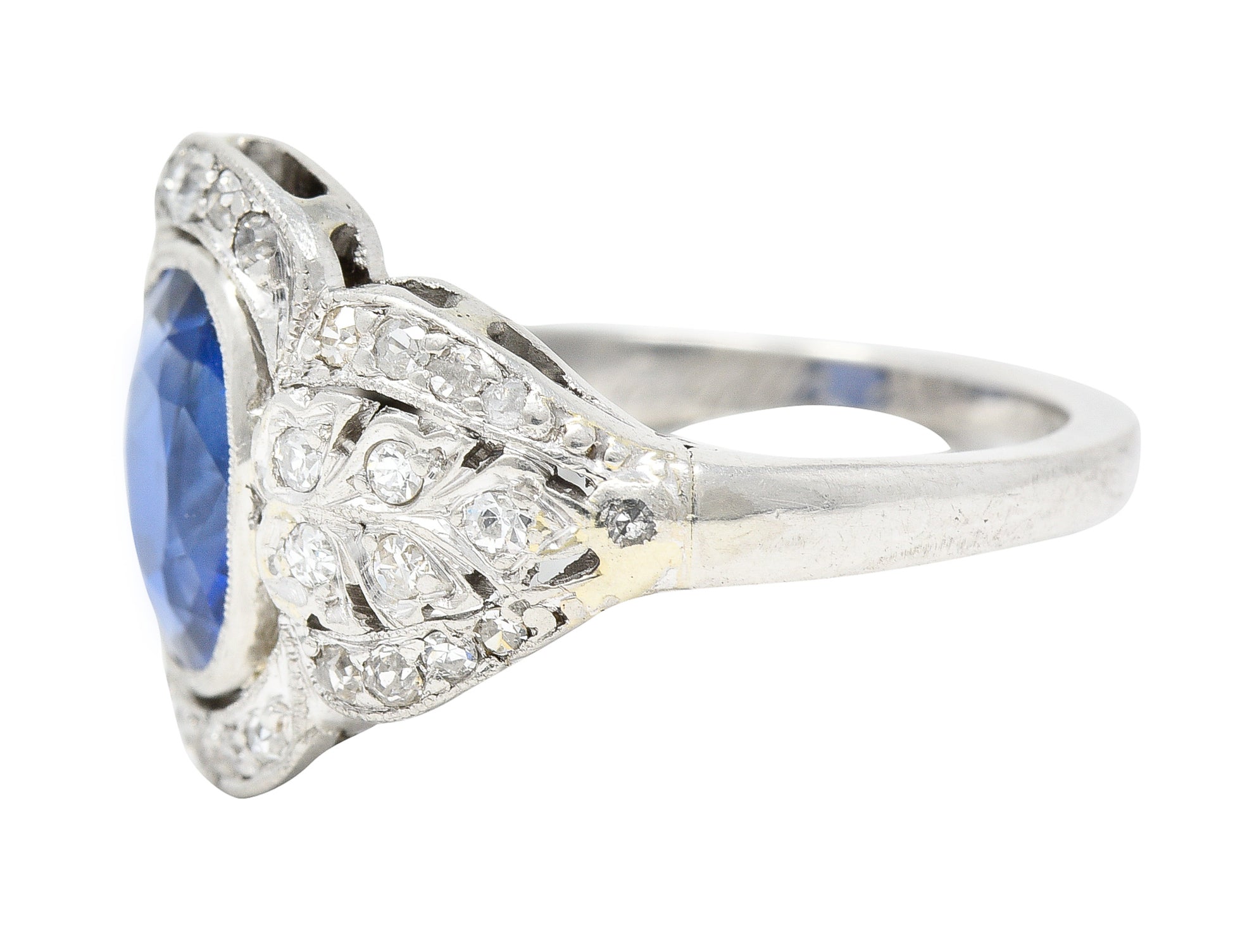 Edwardian 2.56 CTW Cushion Cut No Heat Burma Sapphire Diamond Platinum Foliate Antique Dinner Ring AGL Wilson's Estate Jewelry