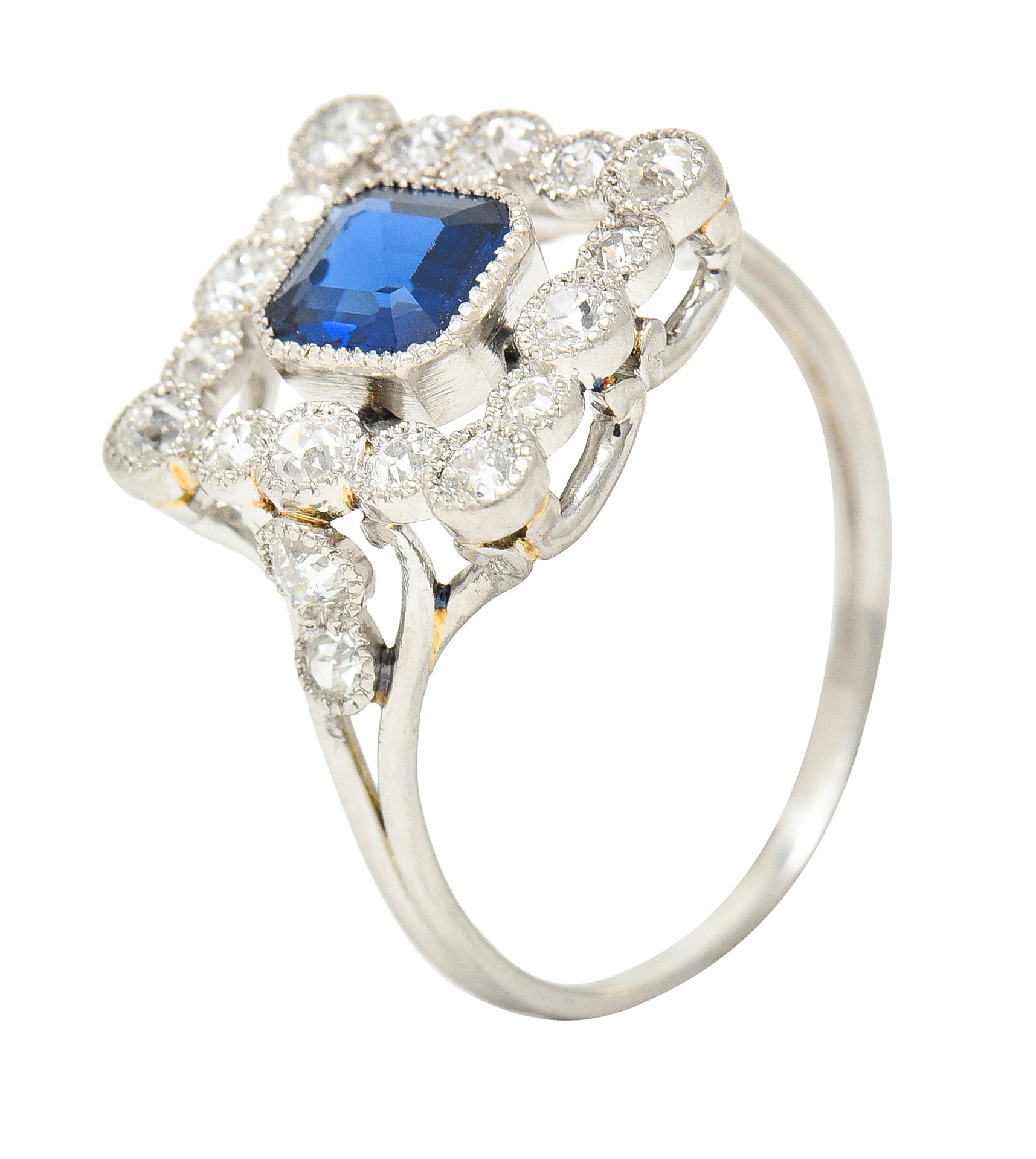 Art Deco 1.35 CTW Sapphire Diamond Platinum Rectangular Cluster Ring Wilson's Estate Jewelry