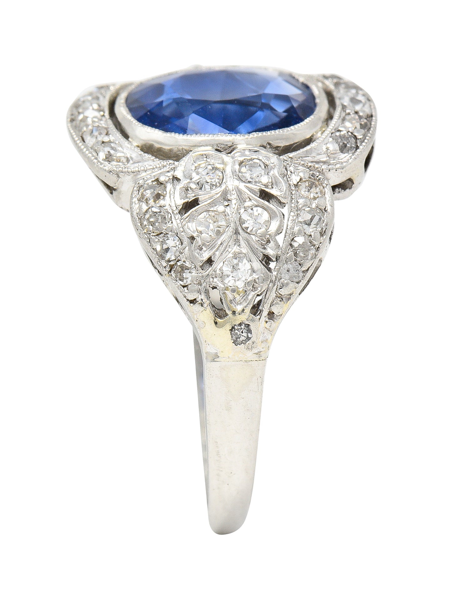 Edwardian 2.56 CTW Cushion Cut No Heat Burma Sapphire Diamond Platinum Foliate Antique Dinner Ring AGL Wilson's Estate Jewelry