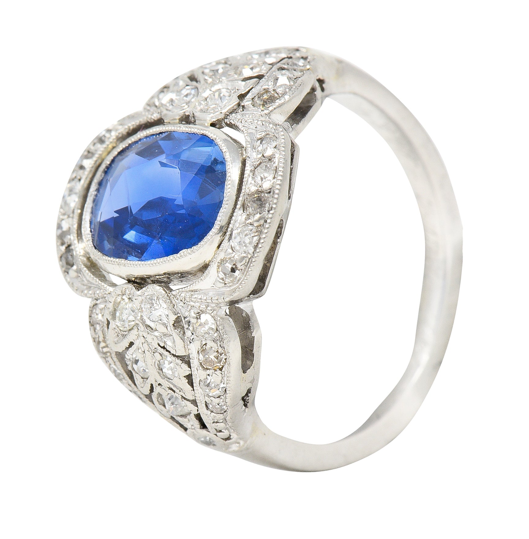 Edwardian 2.56 CTW Cushion Cut No Heat Burma Sapphire Diamond Platinum Foliate Antique Dinner Ring AGL Wilson's Estate Jewelry