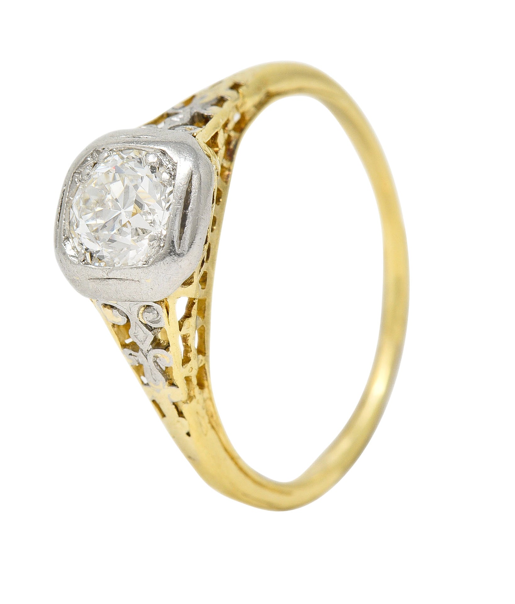 Art Deco 0.36 CTW Platinum 18 Karat Yellow Gold Volute Vintage Engagement Ring