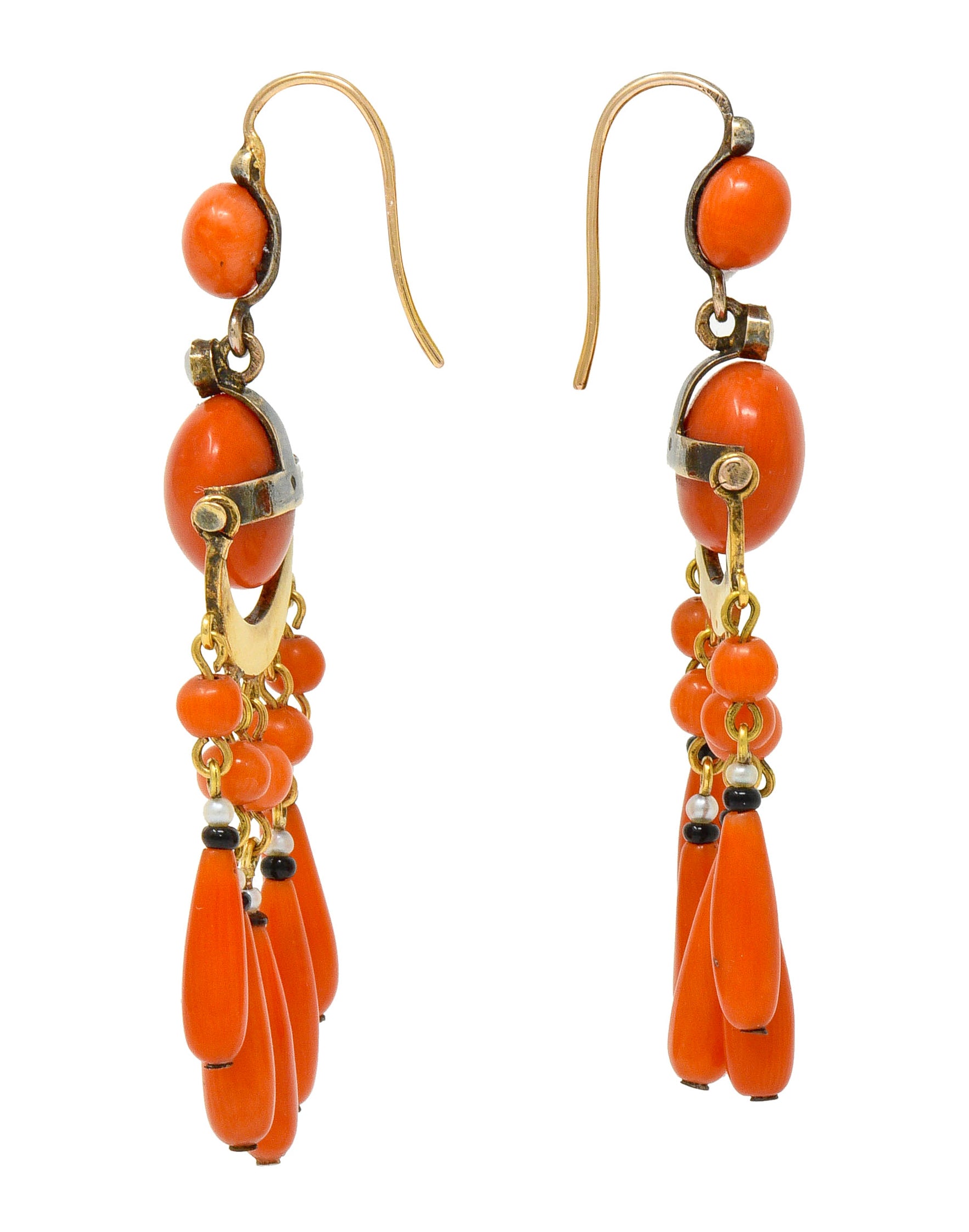 Victorian Etruscan Revival Coral Pearl Onyx 18 Karat Gold Chandelier Earrings - Wilson's Estate Jewelry